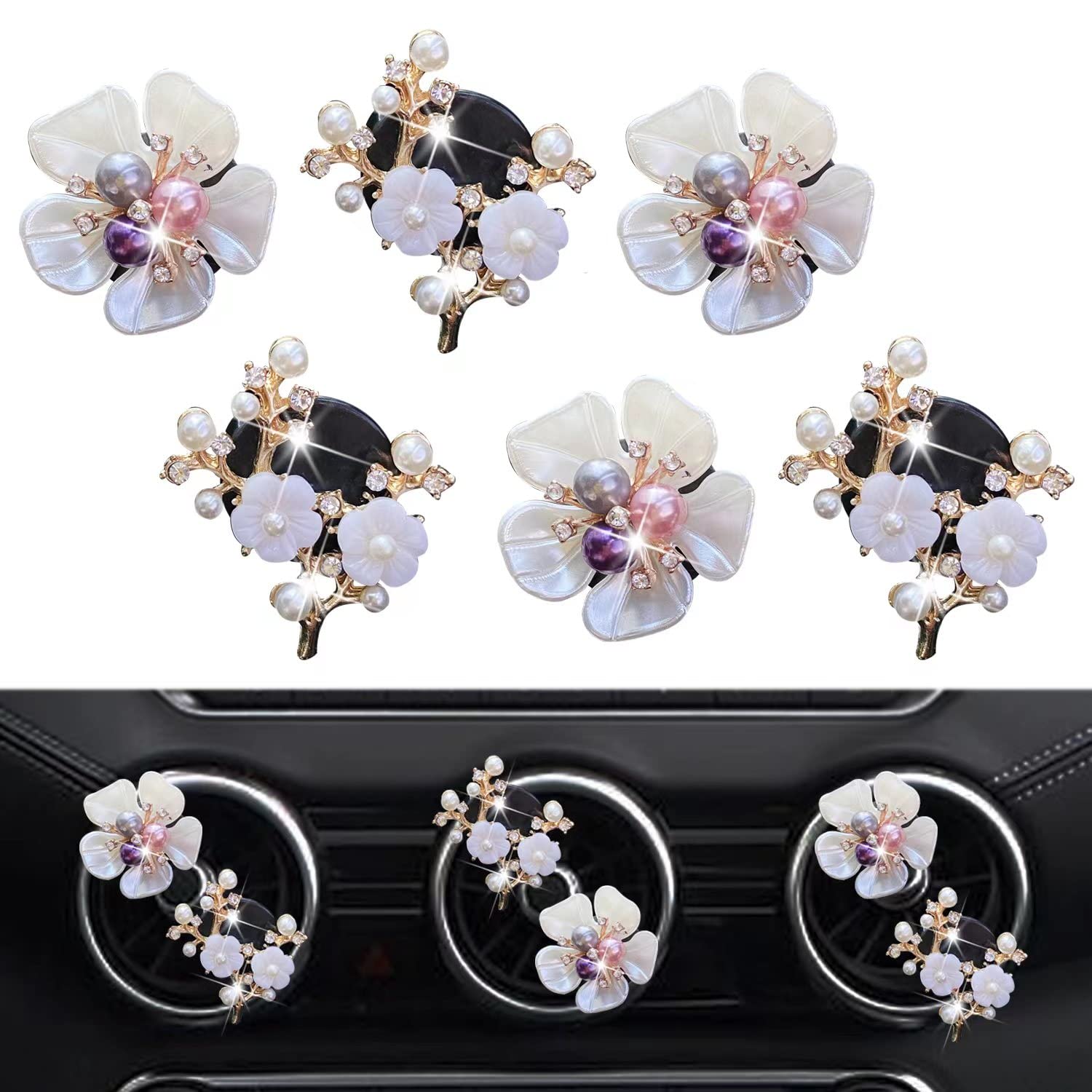 Bling Flower Air Vent Clips, 6 Pcs Cute Daisy Car Air Fresheners Vents Clips Car Diffuser Rhinestone Car Interior Decoration Charm Diamond Car Decor Bling Car Accessories For Women Girls