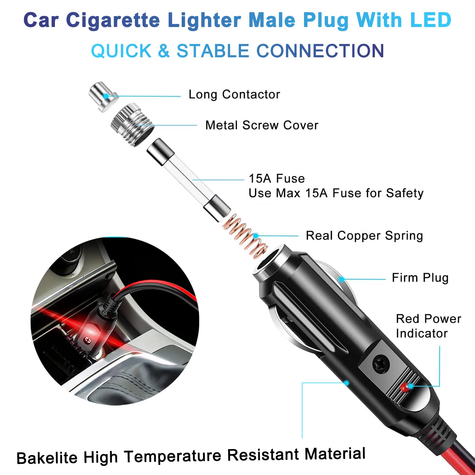 RWUJILONG 12V Cigarette Lighter Socket Splitter, 12 Volt Splitter 2 Socket 1.25FT Car Plug Splitter, Cigarette Lighter Splitter