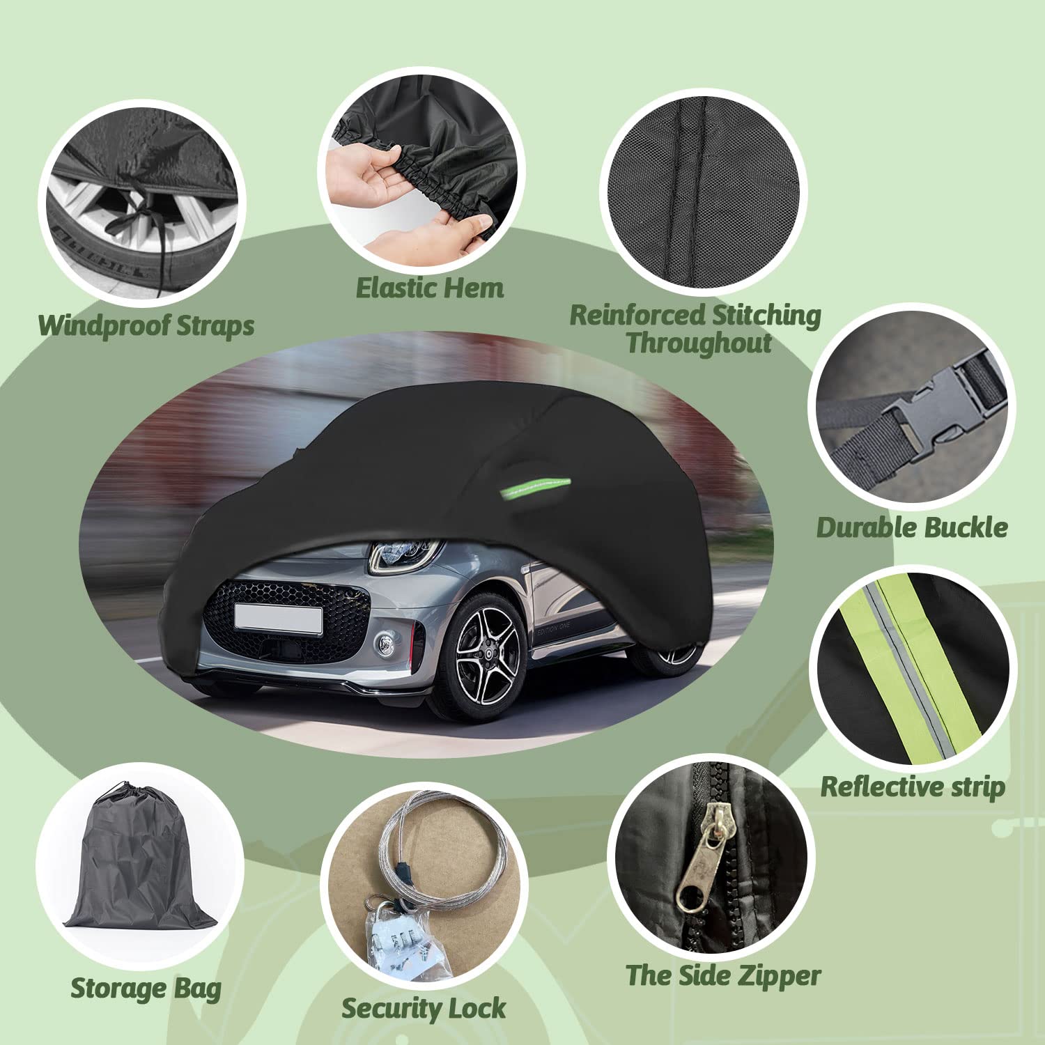 Waterproof Car Cover For 2007-2025 Smart Fortwo, 210T Sun Rain Uv Dust Snow Protection Outdoor Covers With Zipper Door & Windpro