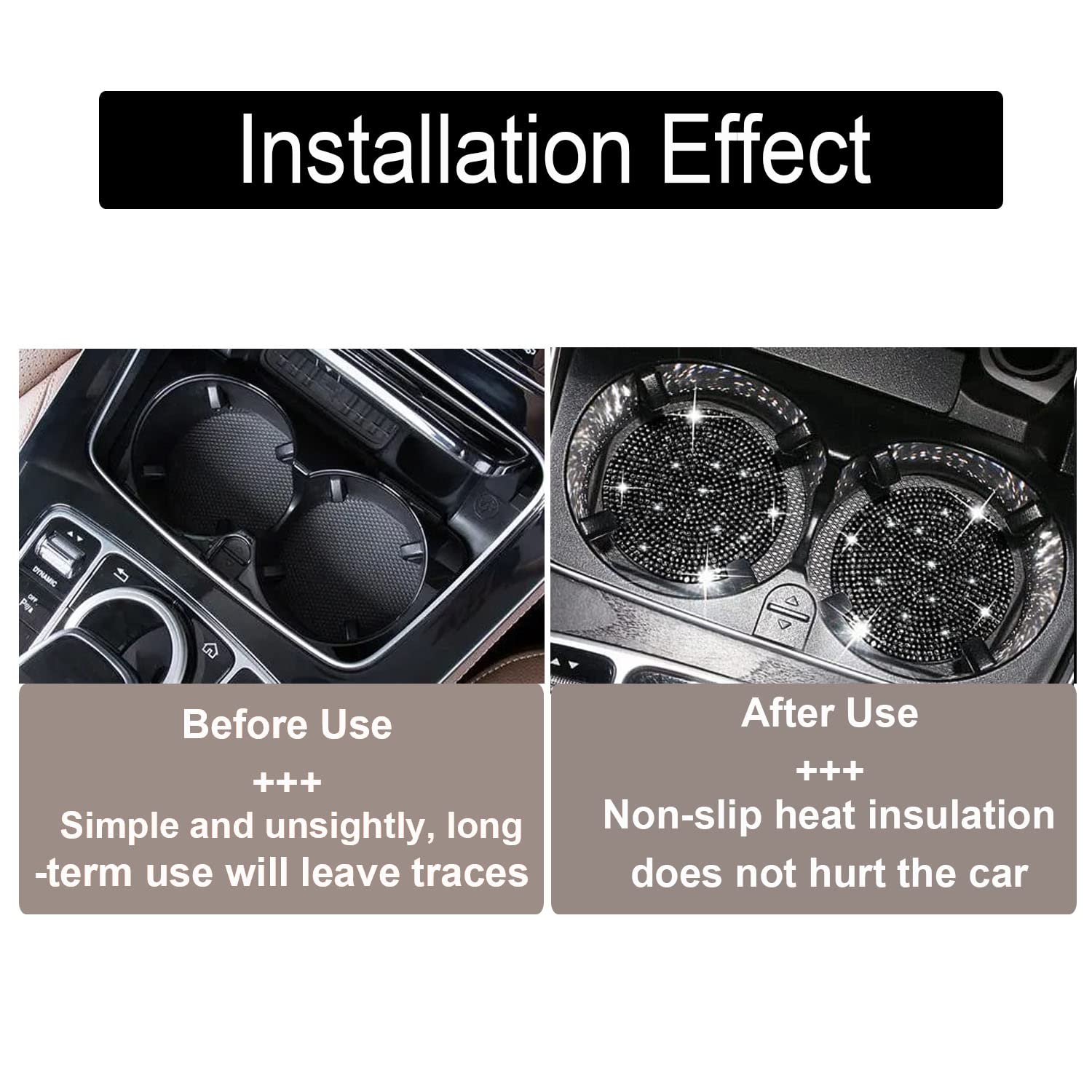 4Pcs Bling Cup Holder Insert Coaster- 2.75 Inch Silicone Anti-Slip Shockproof, Universal Fashion Car Interior Accessories For Women (Black)