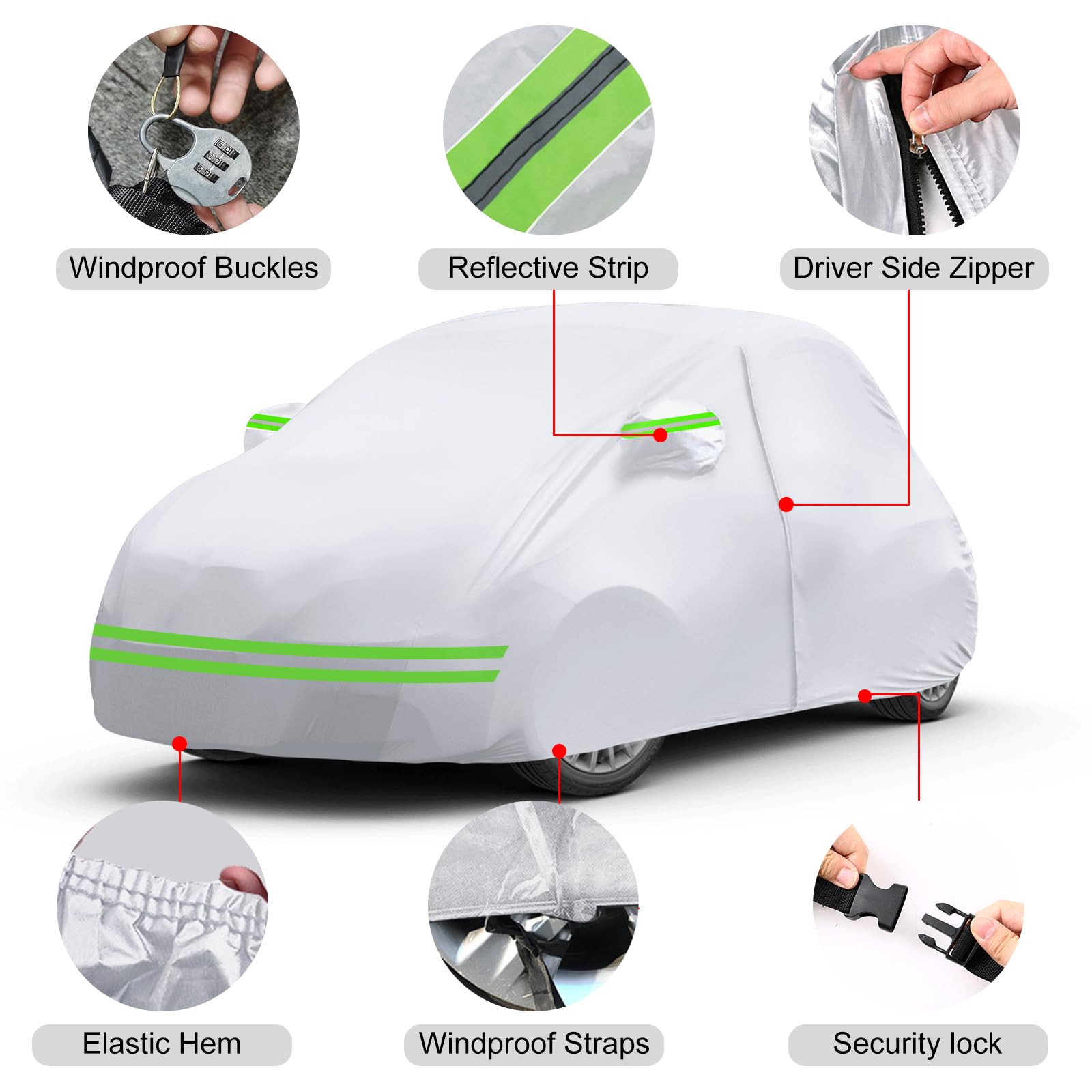 Waterproof Car Covers Replace For 2007-2024 Fiat 500/500C, 6 Layers Silver All Weather Car Cover With Zipper Door & Windproof Ba