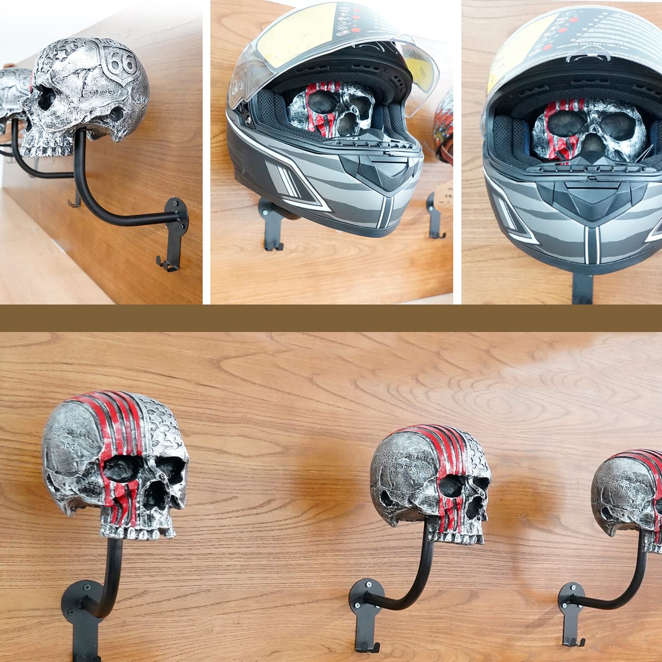 Skull Helmet Holder Motorcycle Helmet Rack, Red Helmet Holder Wall Mount With 2 Hooks Helmet Hanger For Coats, Caps, Baseballs A