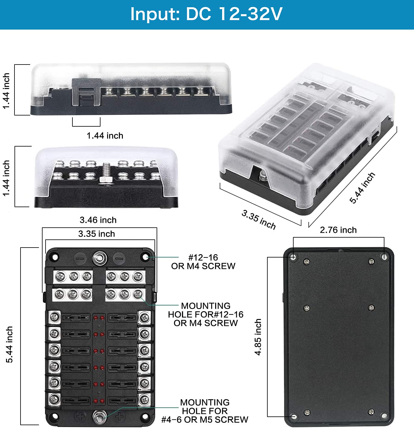 12 Way 12V Blade Fuse Block,12 Circuit Atc/Ato Fuse Box Holder With Led Indicator Waterpoof Cover For 12V/24V Automotive Truck B