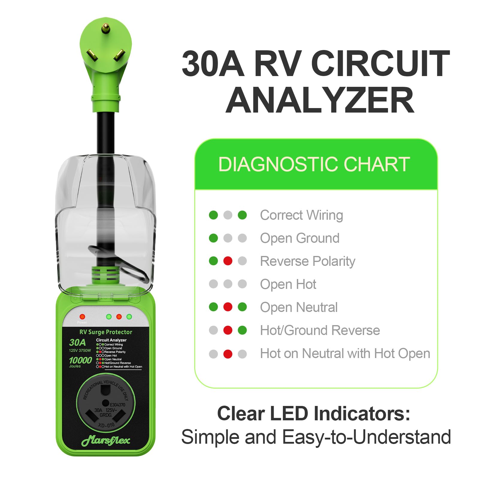 Marsflex Rv Surge Protector, 30Amp Rv Circuit Analyzer, 10000 Joules Surge Protection With Waterproof Cover, Led Display, Rv Vol