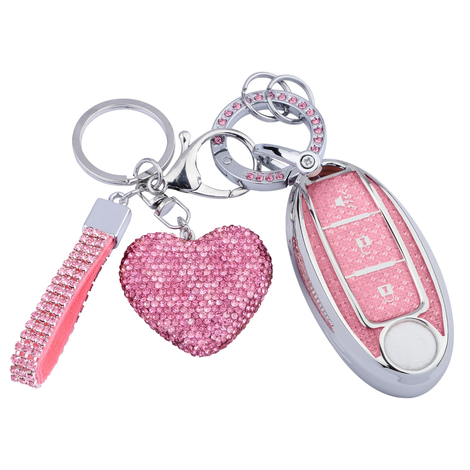 Meruns Compatiable with Nissan 3 Buttons Key fob Cover with Diamond Bling Keychain, Car Accessories Keys Shell TPU for Rogue Arm