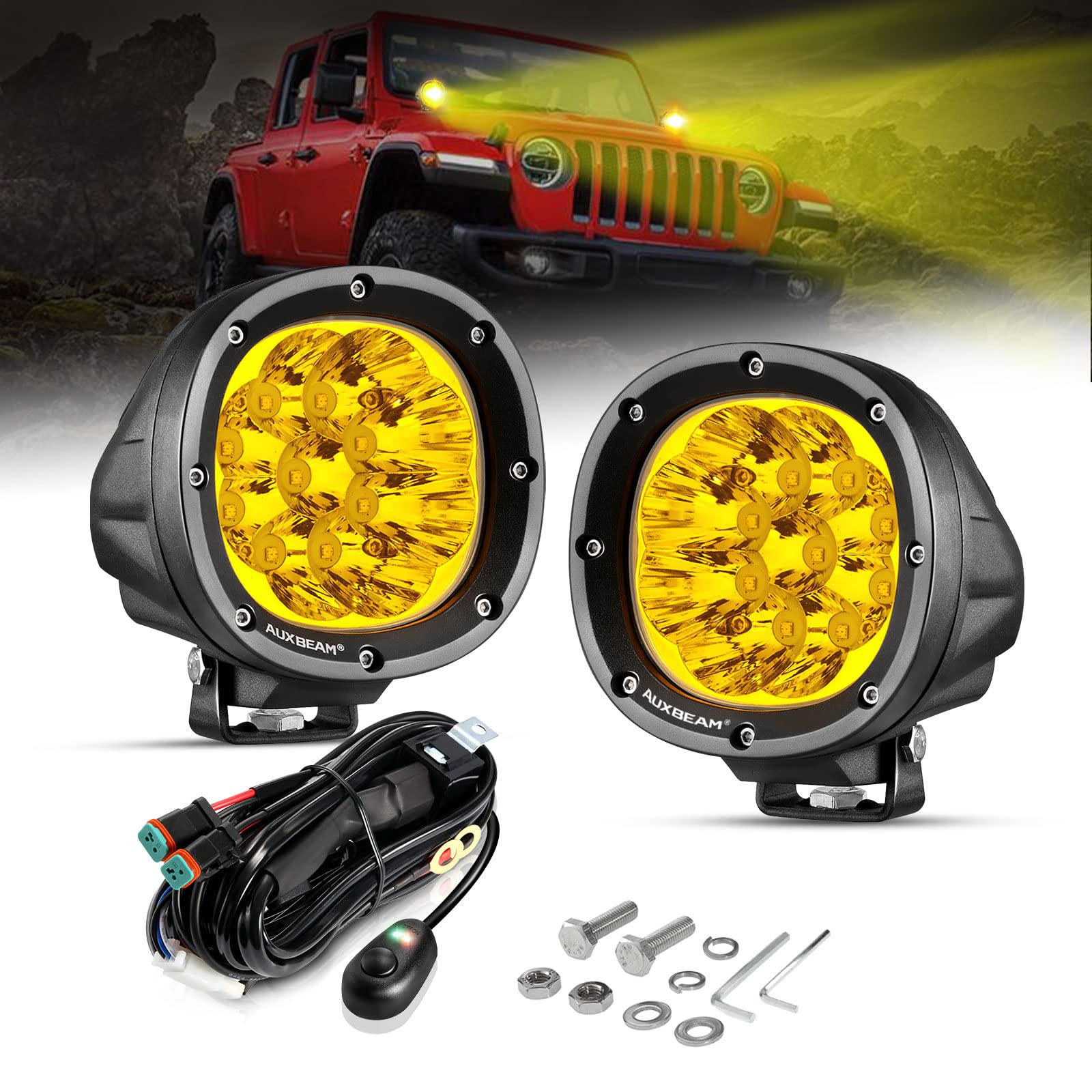 Auxbeam 4 Inch 90W Led 2Pcs 9000Lm Amber Fog Lights Round Spot Driving Work Lights For Truck Pickup Suv Atv Utv 4X4 Jeep Wrangle