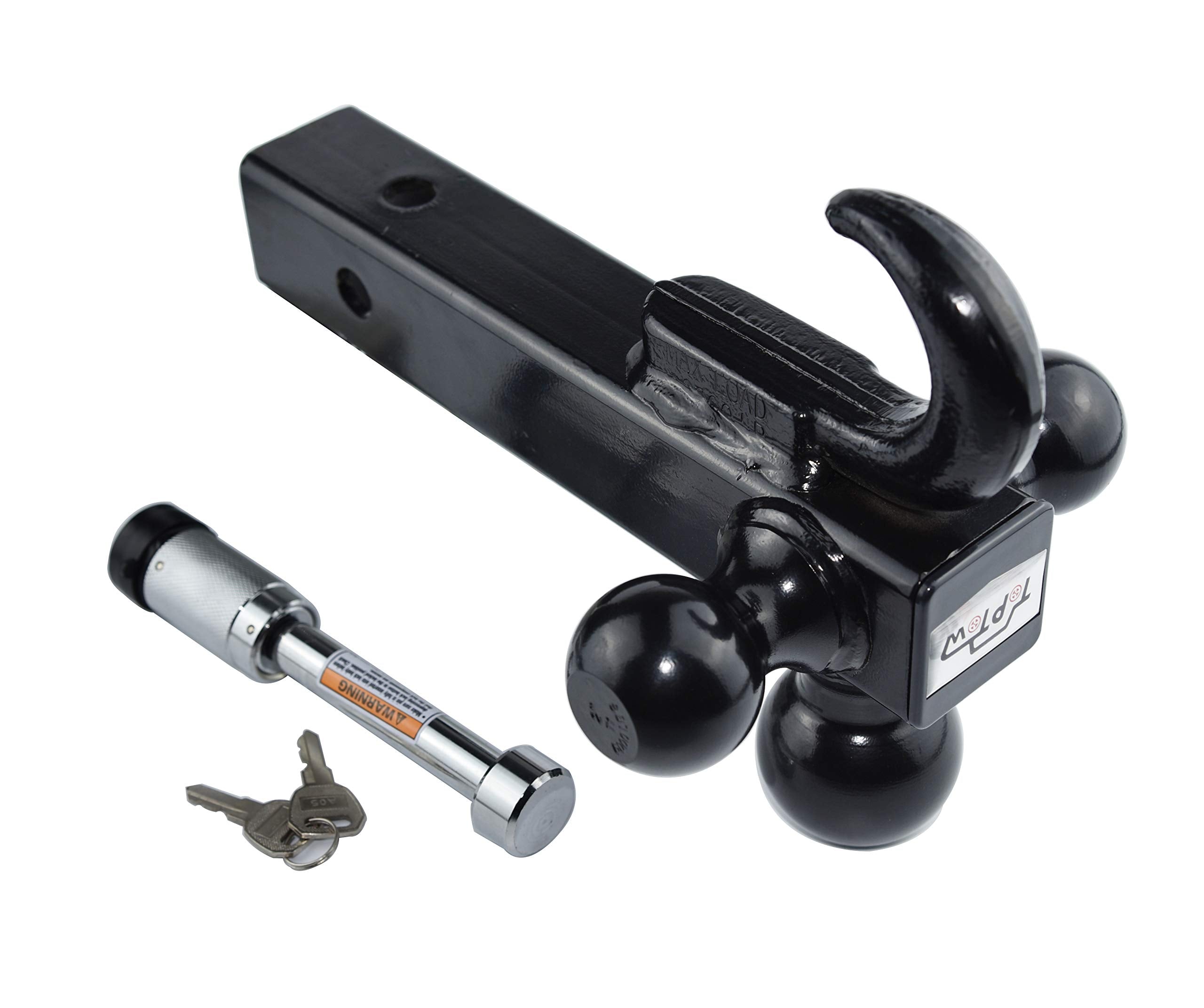 Toptow 64181L Trailer Receiver Hitch Triple Ball Mount With Hook, Black Balls, With Lock, Fits For 2 Inch Receiver