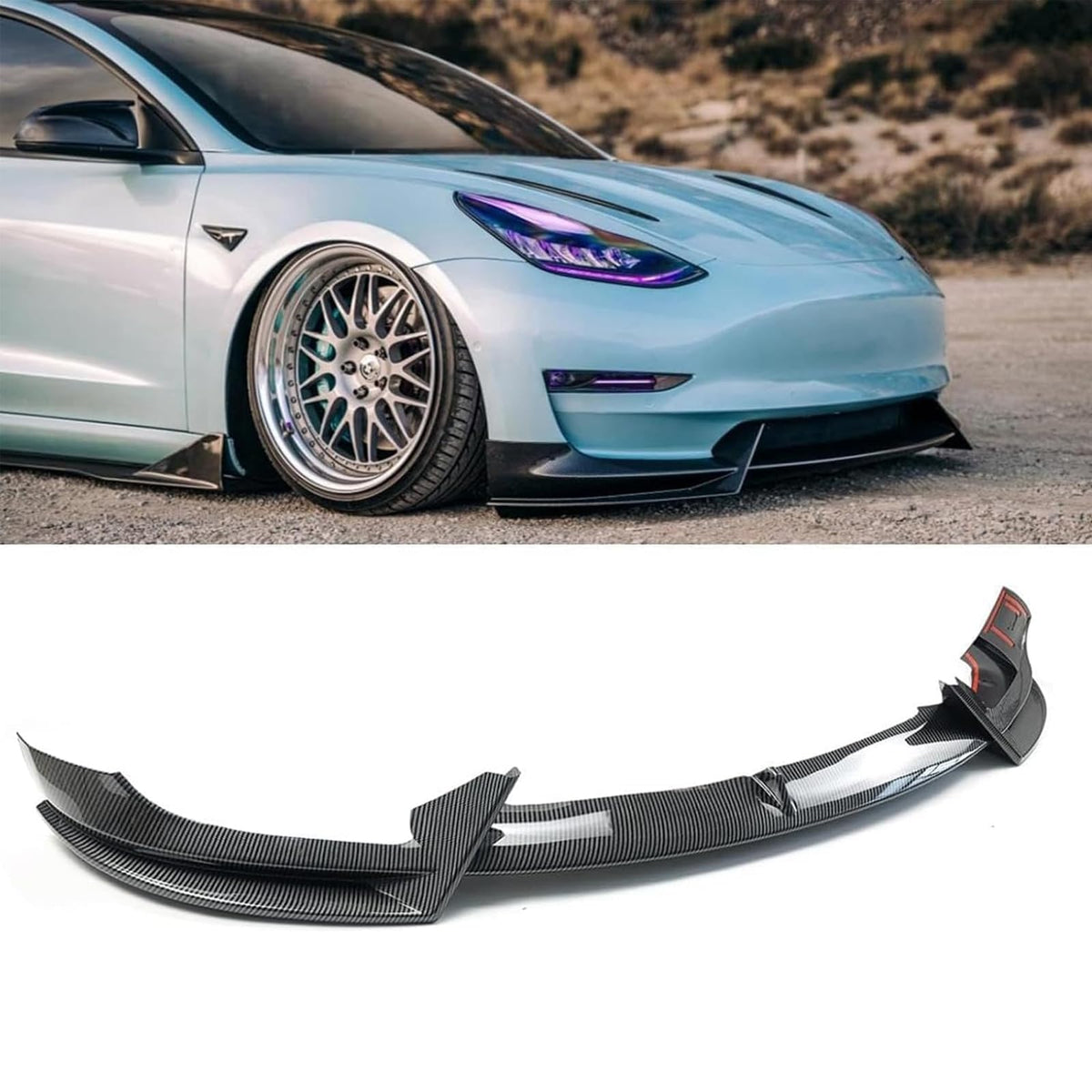 skkyoro Front Lip 3 Pcs Compatible with for Tesla Model 3 2017-2023 V Style Front Bumper Lip Splitter Spoiler (Carbon Fiber Prin
