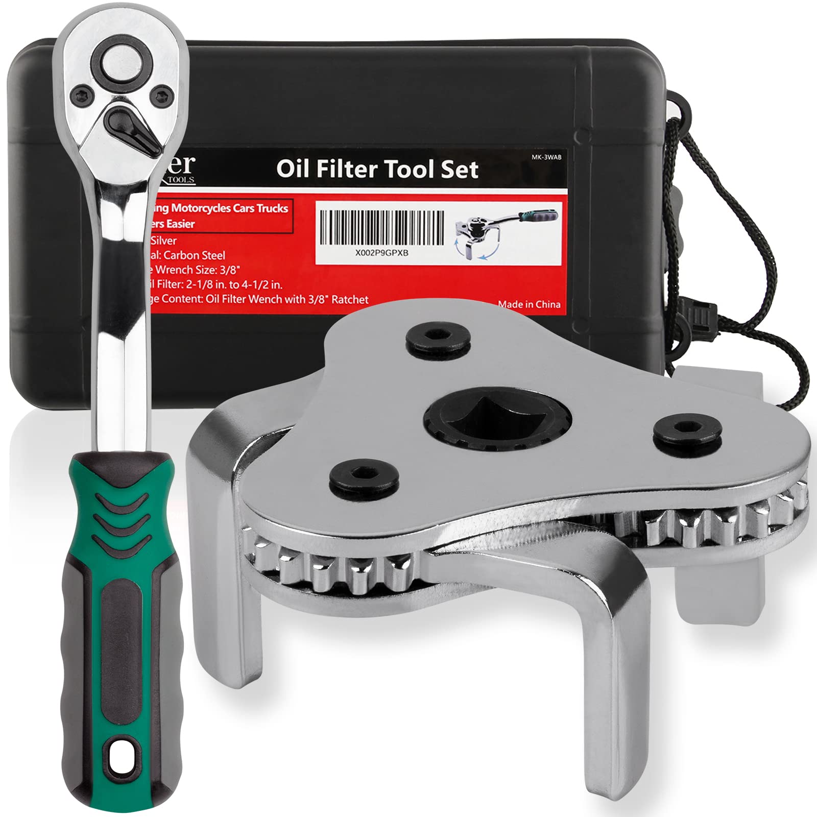 Moker Universal Oil Filter Wrench, Adjustable 3 Jaw Oil Filter Remover Tools from 2-1/8 To 4-1/2 inches (54-115mm),with 72 Tooth