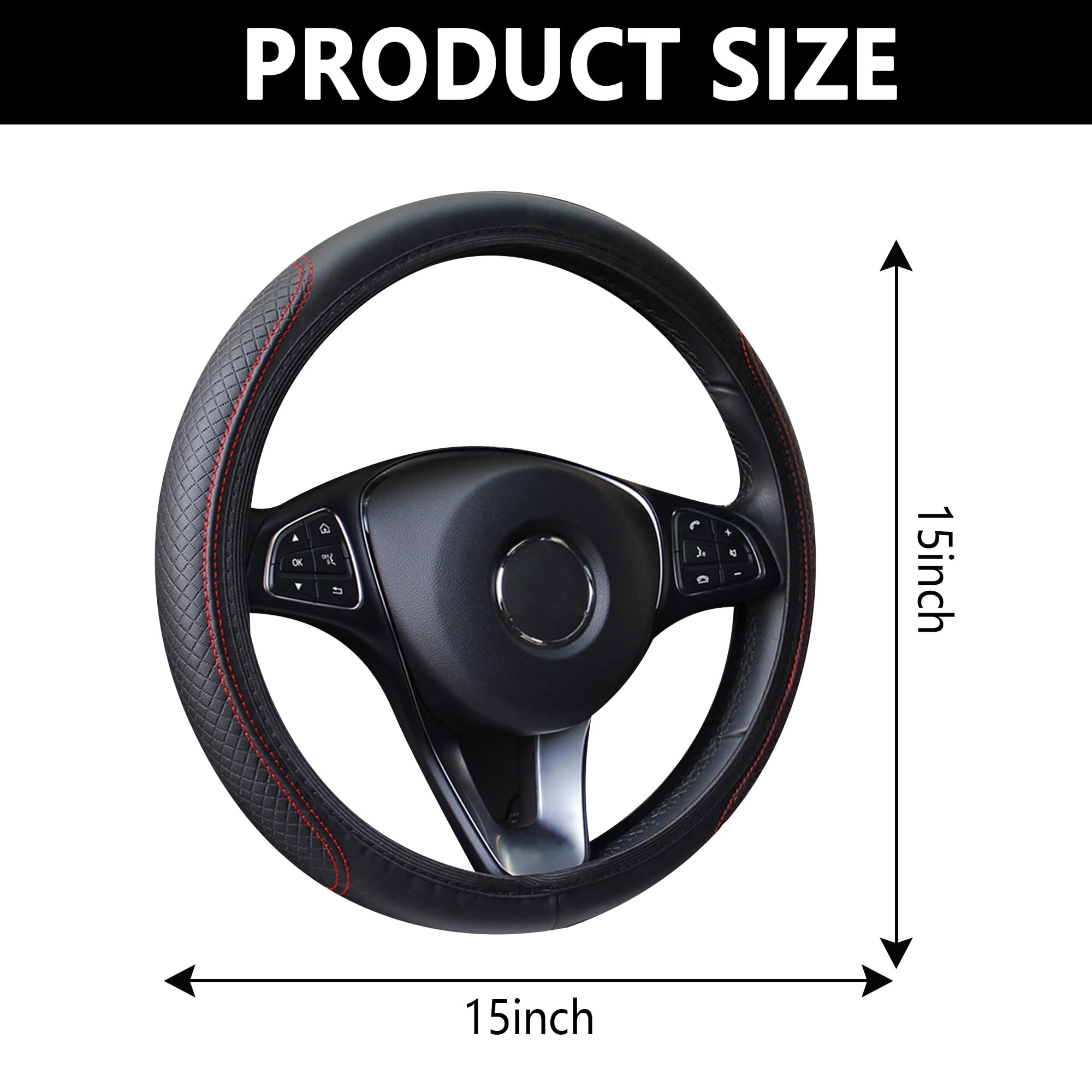 Leather Steering Wheel Cover,Anti Slip Car Steering Wheel Cover For Car Decorations & Steering Wheel Protections,Universal 15Inch Wheel Cover Car Interior Accessories For Men & Women (Black+Red)
