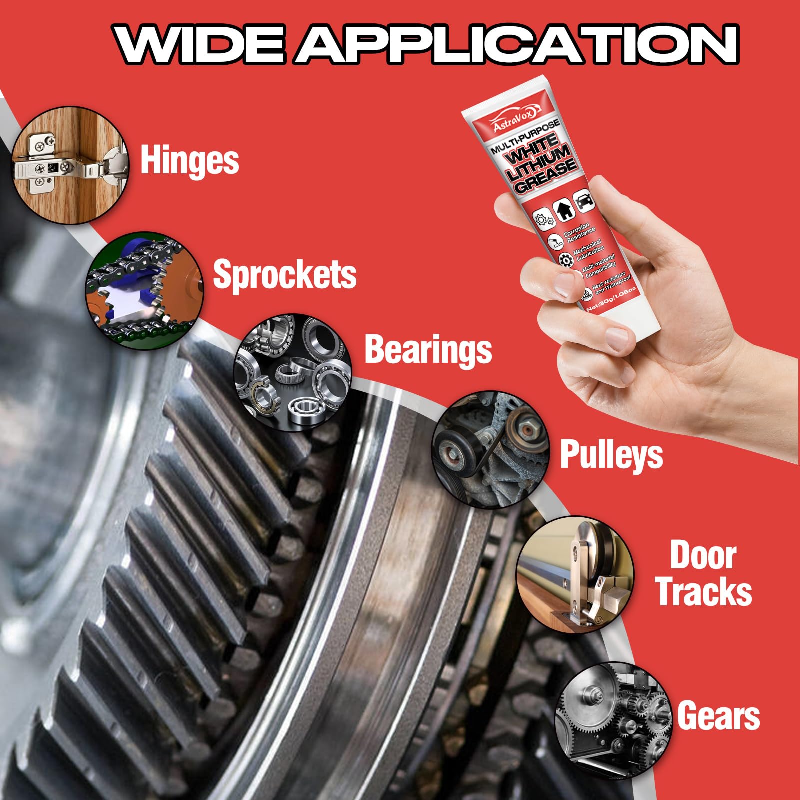 AstraVox White Lithium Grease, Multi-Purpose Lubricant Lithium Grease with Brush for Hinges, Bearings, Gears, and Garage Doors,