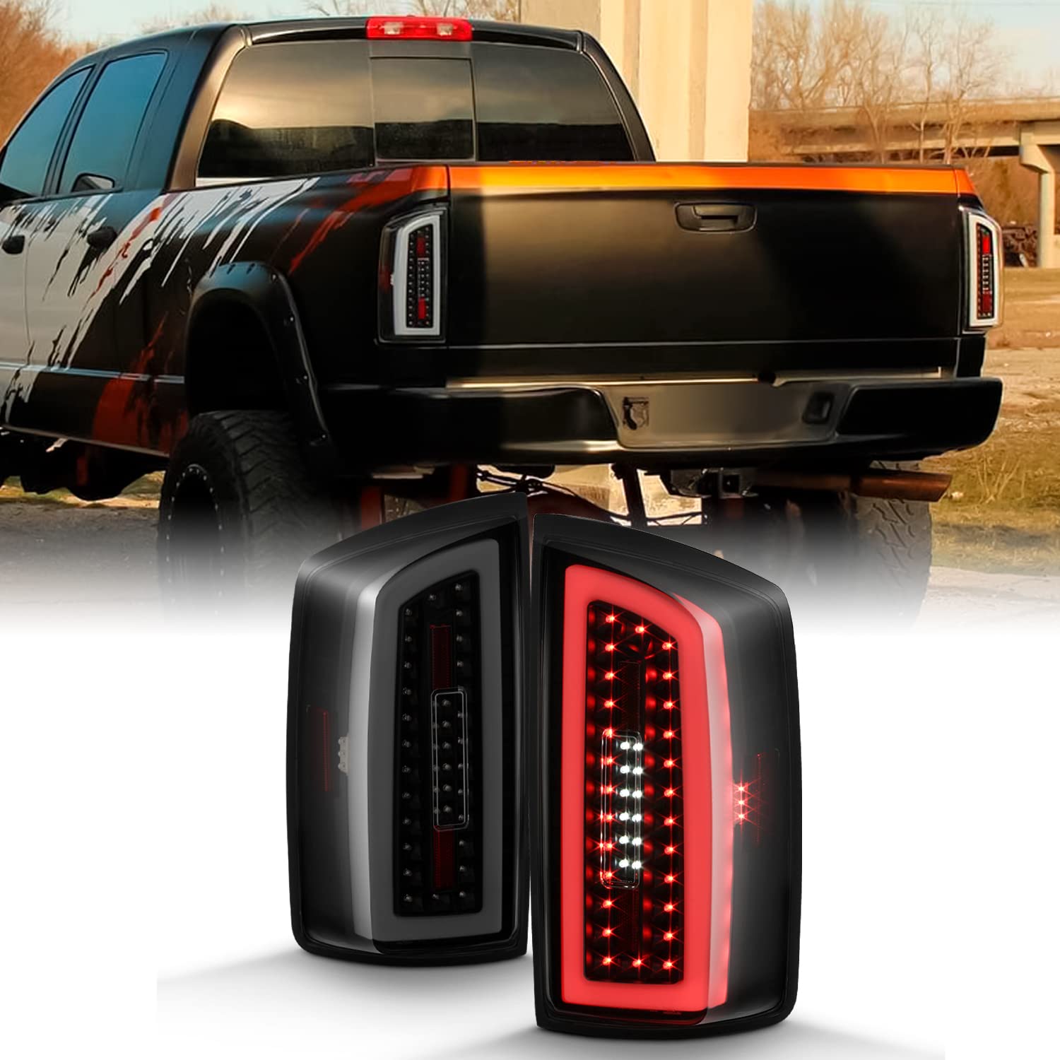 Akkon - Fits 2007 2008 Dodge Ram 1500 2500/2009 3500 Full Led Tube Bar Black Smoked Tail Lights Brake Lamp Pair Left+Right