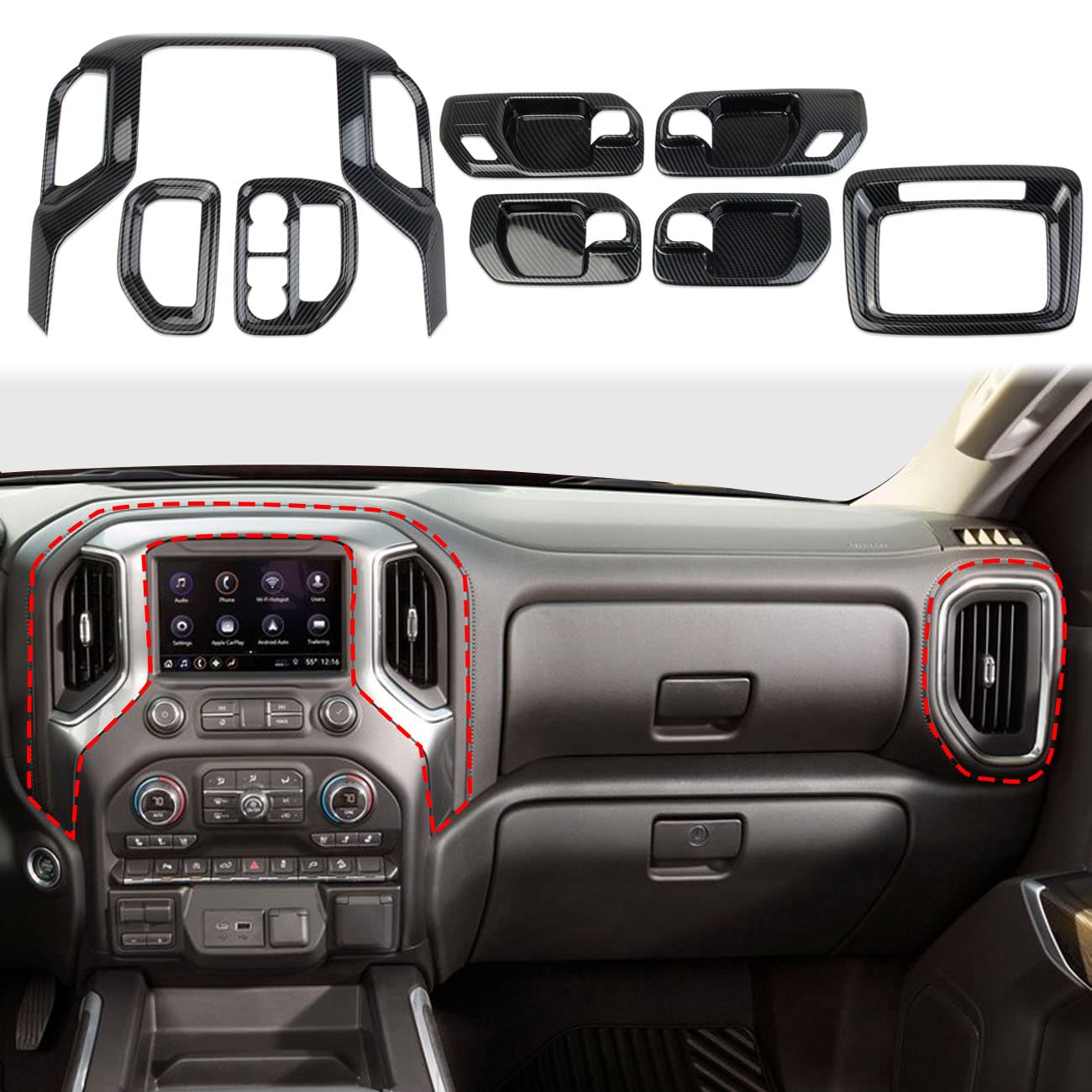 Fewshaw Carbon Fiber Center Console Dashboard Kit Trim For 2019-2023 Chevy Silverado/Gmc Sierra 1500 2500 3500 (8-Piece Set)