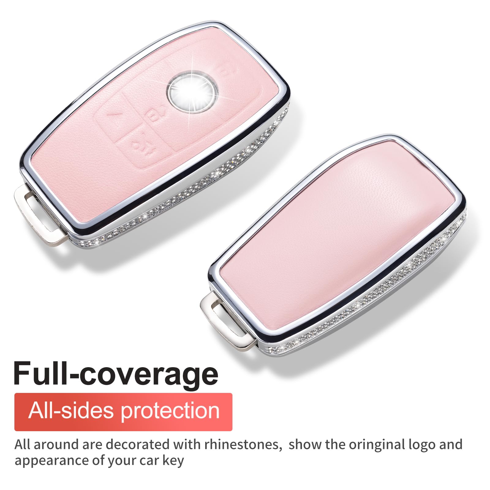 Ruabiban For Mercedes Benz Key Fob Cover With Keychain, Pink Genuine Leather Crystal Key Case Protection Shell Compatible With A