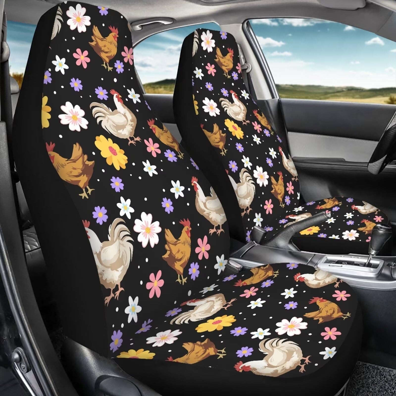 Fuibeng Groovy Flower And Chicken Seat Covers For Cars,Set Of 2 Rooster Auto Seat Covers Front Seats Only,Breathable Bucket Seat