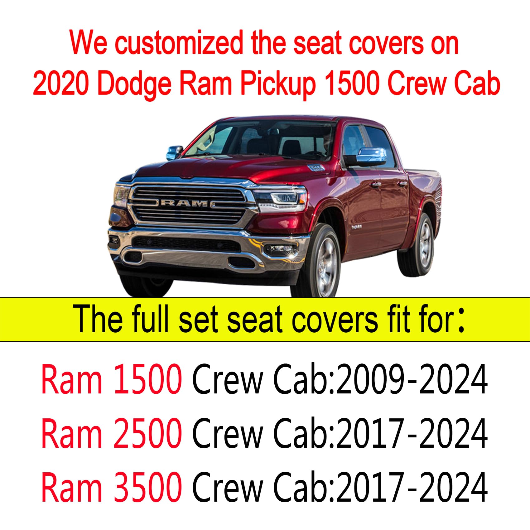 Yiertai 5Pcs Car Seat Covers Compatible With Dodge Ram Custom Fit 2009-2024 1500 2010-2024 2500 3500 Pickup Classic Laramie Bigh