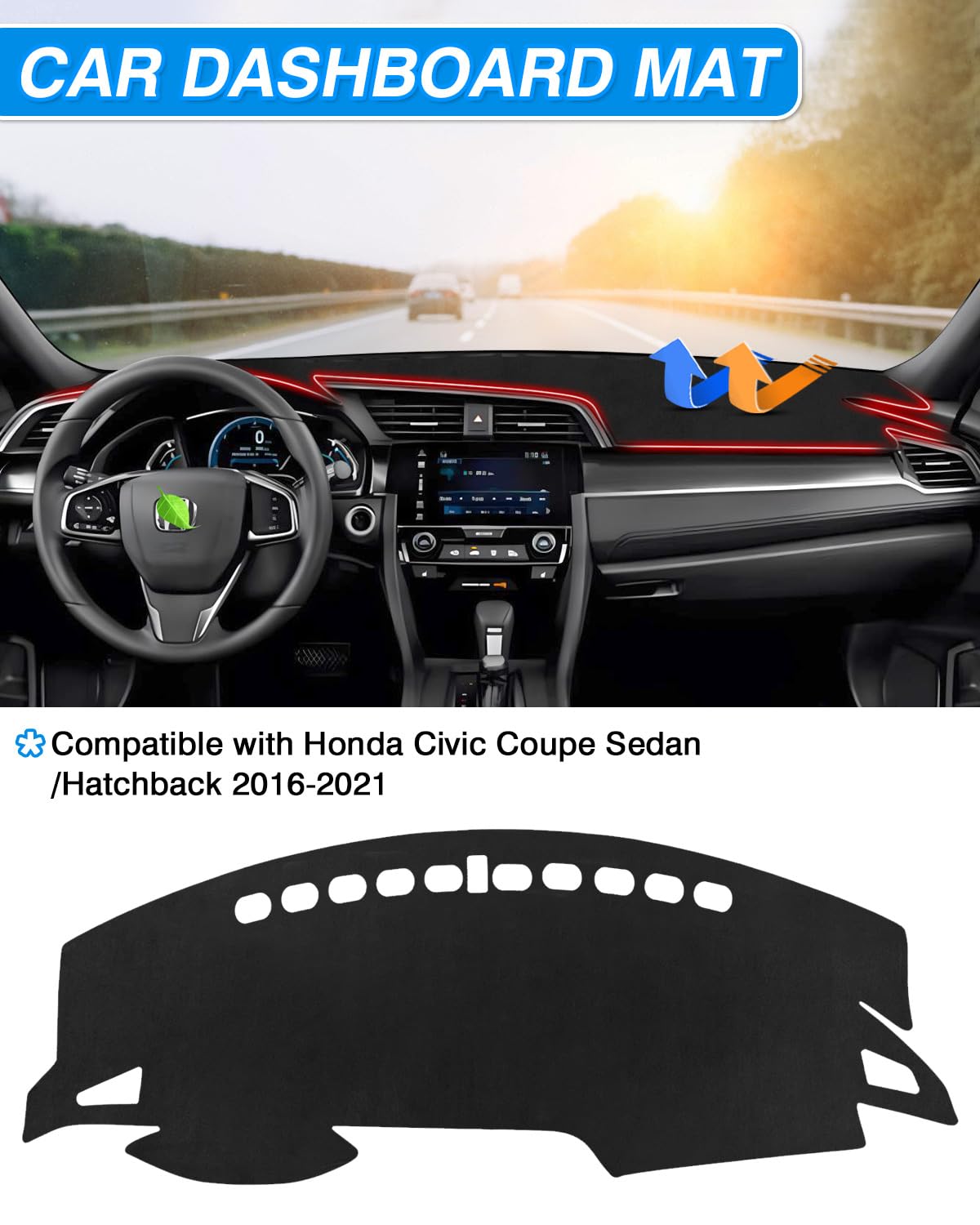 Cartist Dash Cover Fits For Honda Civic Coupe Sedan/Hatchback 2016-2021 Dashboard Cover For Civic Accessories Non-Slip Dash Mat