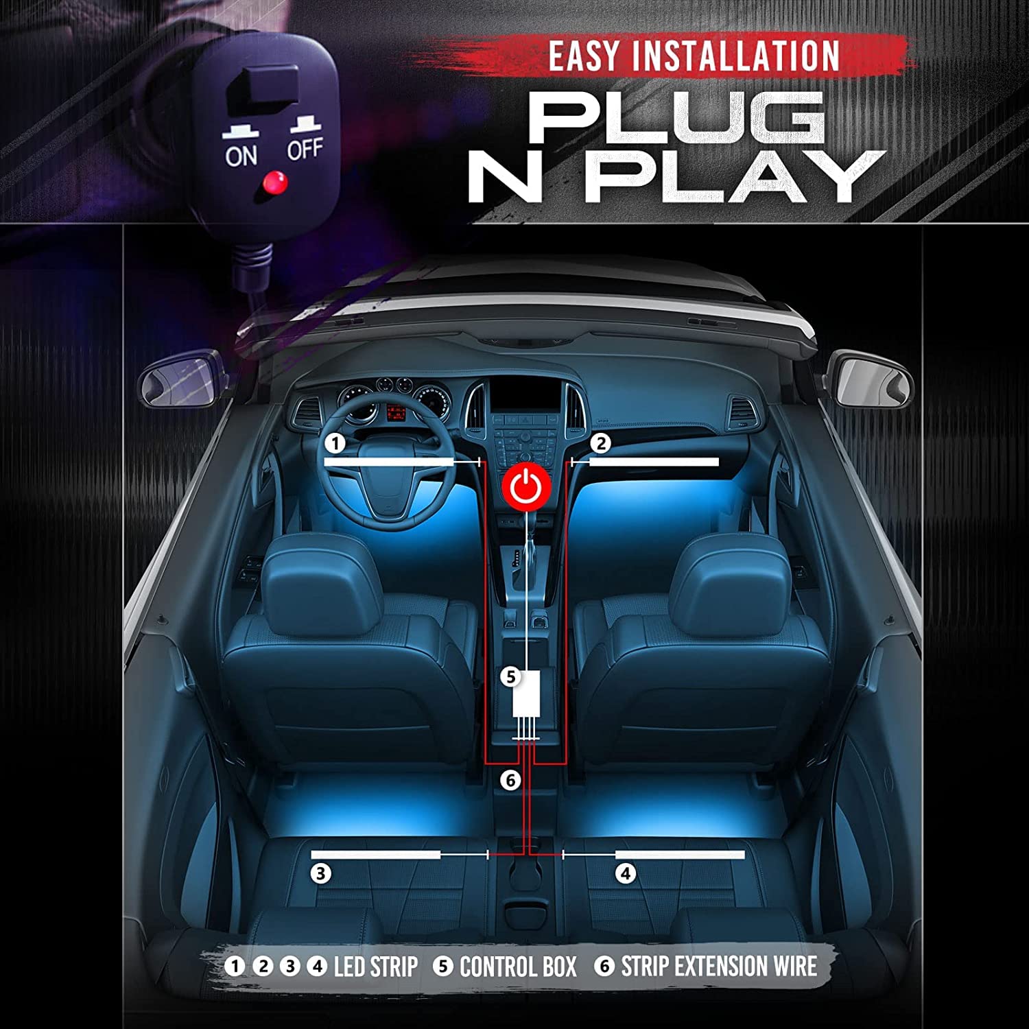 Opt7 Aura Interior Car Lights 6Pc With Remote Control, Color Change, Music Sync Inside Ambient Lighting Kit, Car Truck Led Light