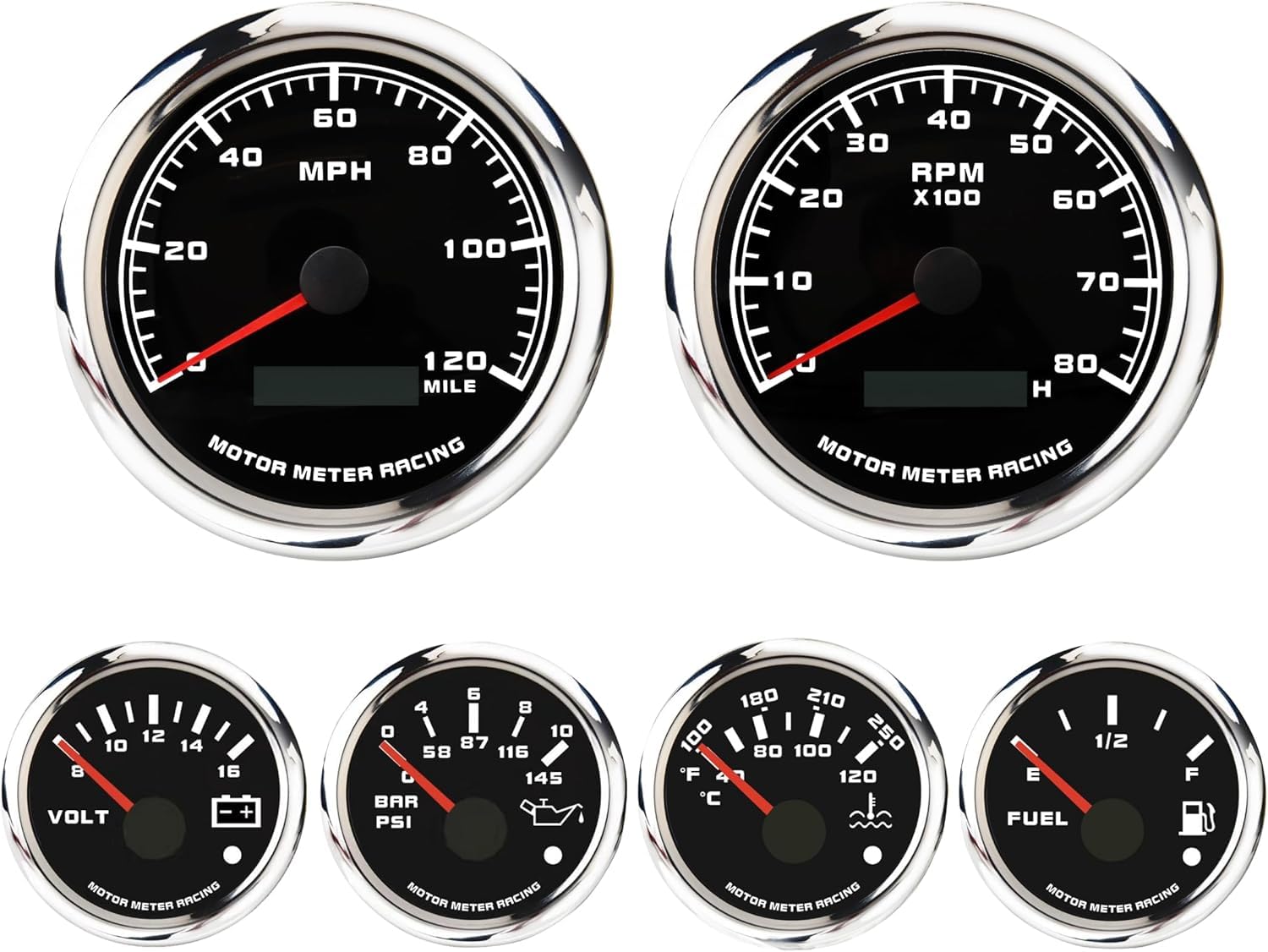 MOTOR METER RACING W PRO Series 6 Gauge Set - 110mm 4-3/8 GPS Speedometer & Tachometer 52mm 2-1/16 Volt, Fuel Level, Water Tempe