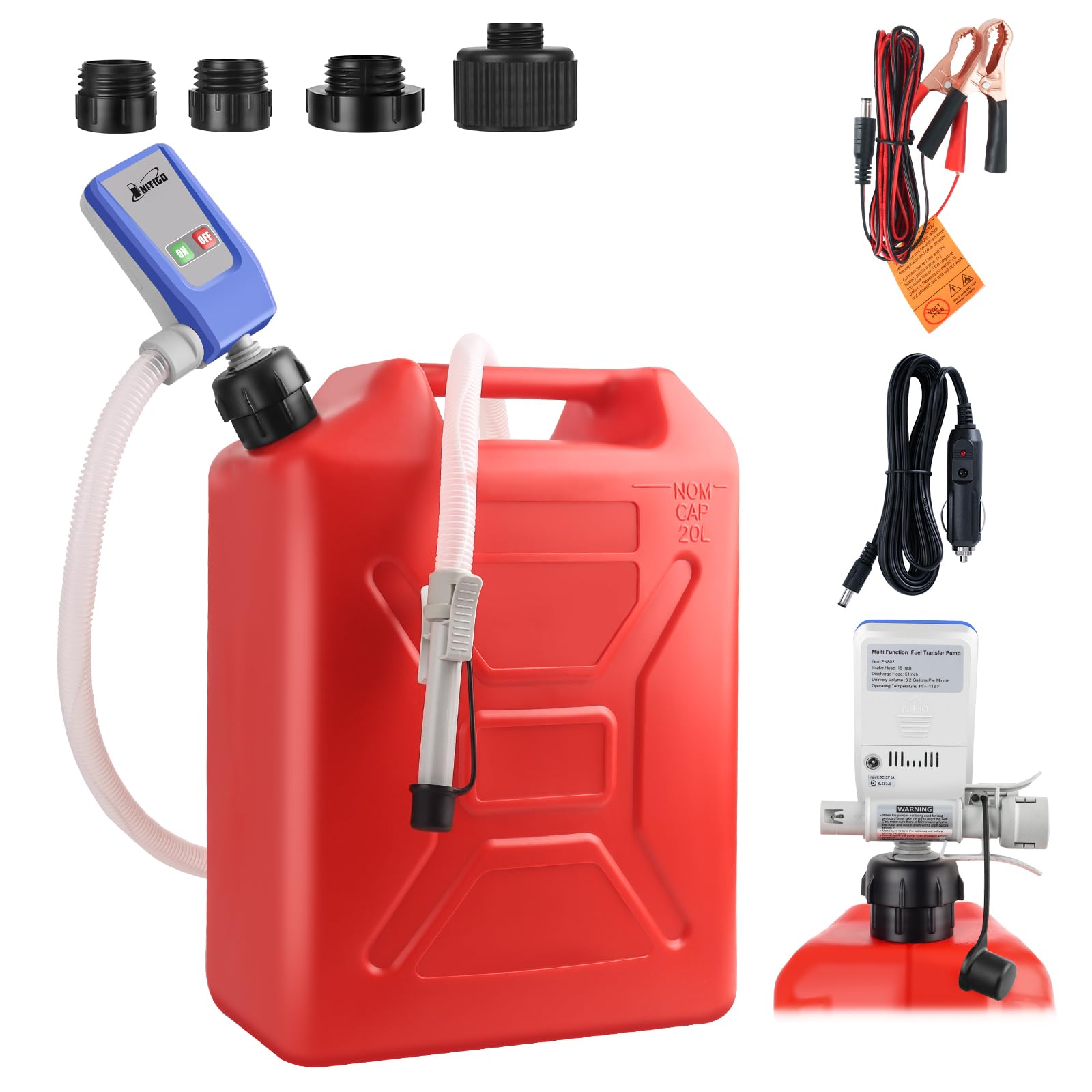Nitigo Fuel Transfer Pump with Auto-Stop Sensor, 51 Hose with Tank Adapter Portable Liquid Pump for Gasoline, Diesel Fuel, No Mo