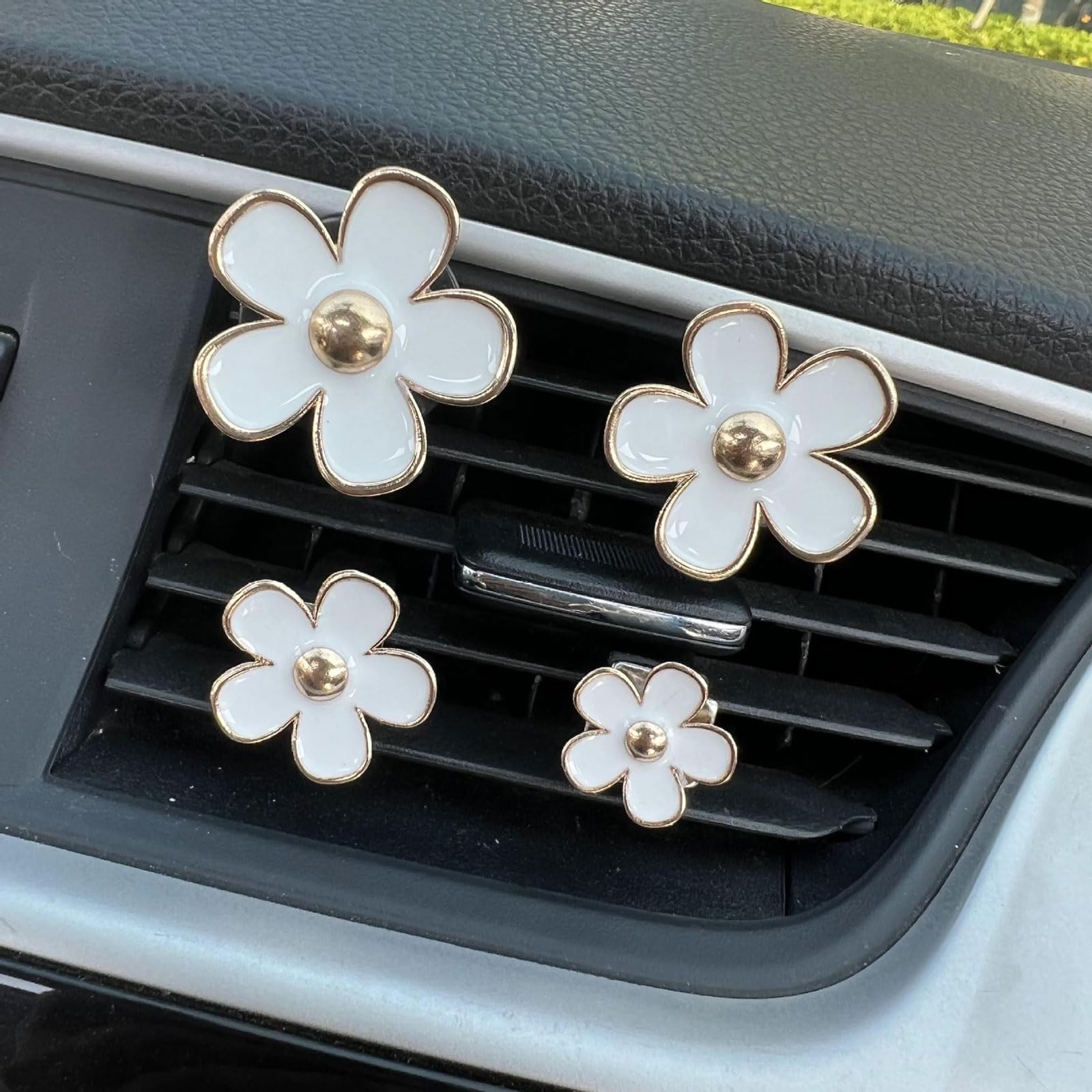 Daisy Car Decoration Flower Air Vent Clip Air Conditioning Outlet Clip (4PCS-White-No Scent)