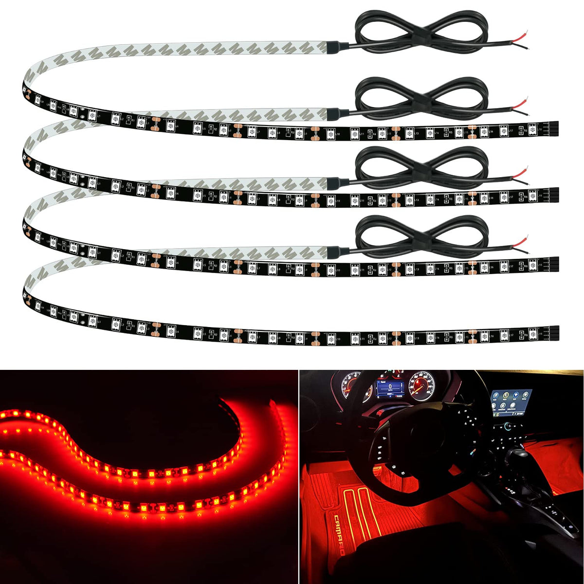 Car Led Strip Lights 24' Connectable Red 12V Led Light Strip For Cars Golf Cart Boat Marine Motorcycle Interior & Exterior Waterproof Led Strip, 4Pack