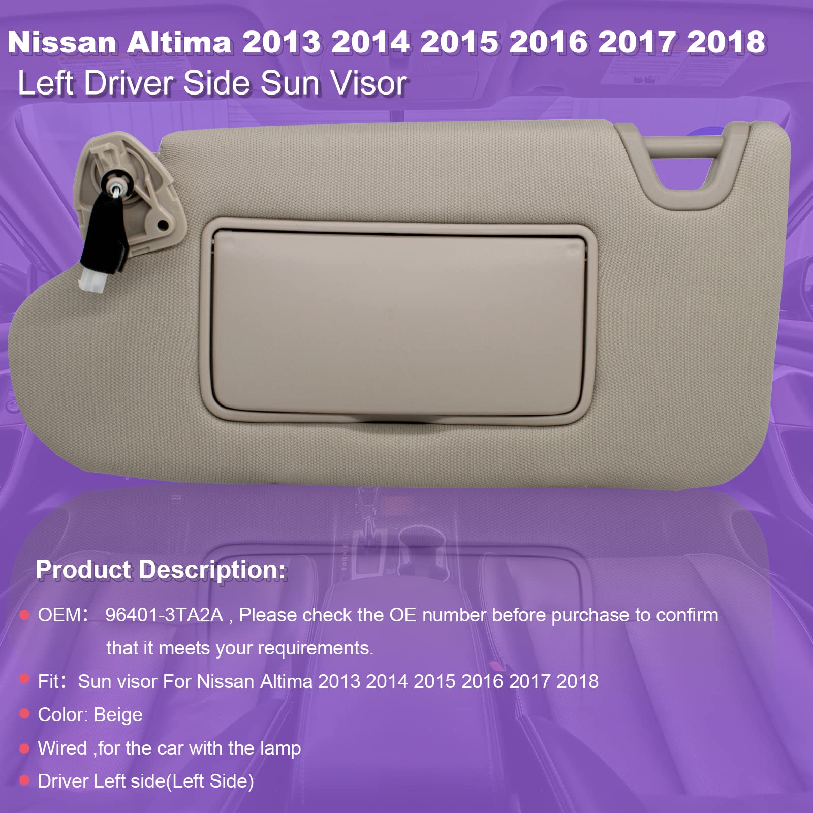 Nhiles Left Driver Side Sun Visor Compatible With Nissan Altima 2013 2014 2015 2016 2017 2018 With Light, Without Sunroof 96401-