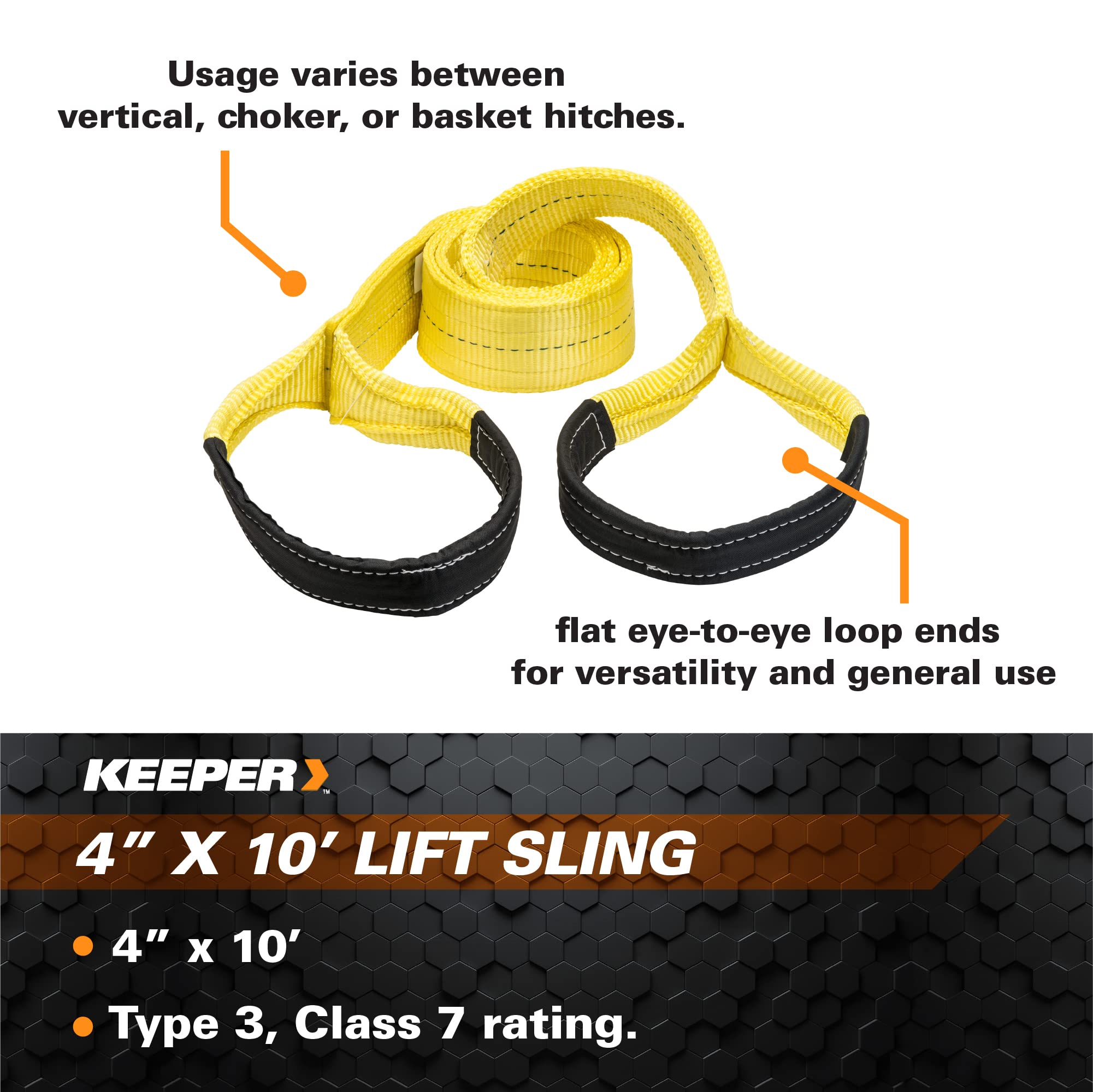 Keeper Performance Engineered Cargo And Load Lift Sling With Flat Loops - Type 3, Class 7 Rated Cargo Sling, 4    X 10