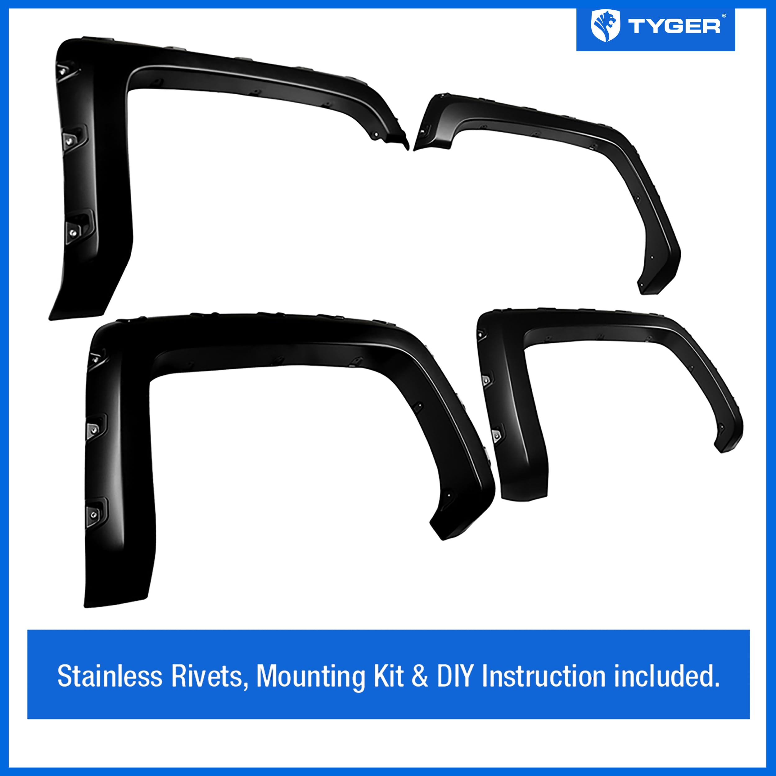 Tyger Auto Fender Flares Compatible With 2014-2018 Chevy Silverado 1500; 2015-2019 2500 3500Hd 6.5' & 8' Bed, Smooth Textured Paintable Bolt-Riveted Style 4Pc | Tg-Ff8C4128