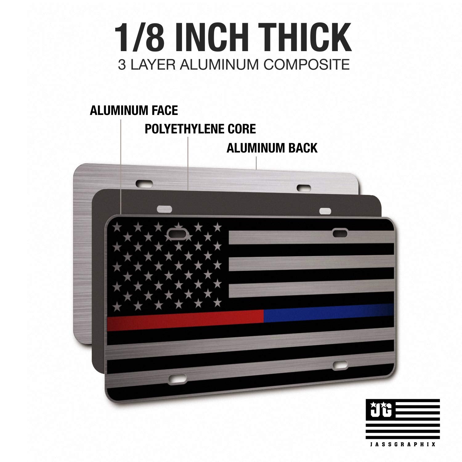 Jass Graphix Thin Blue Line Thin Red Line American Flag License Plate Matte Black On 1/8'' Brushed Aluminum Composite Heavy Duty