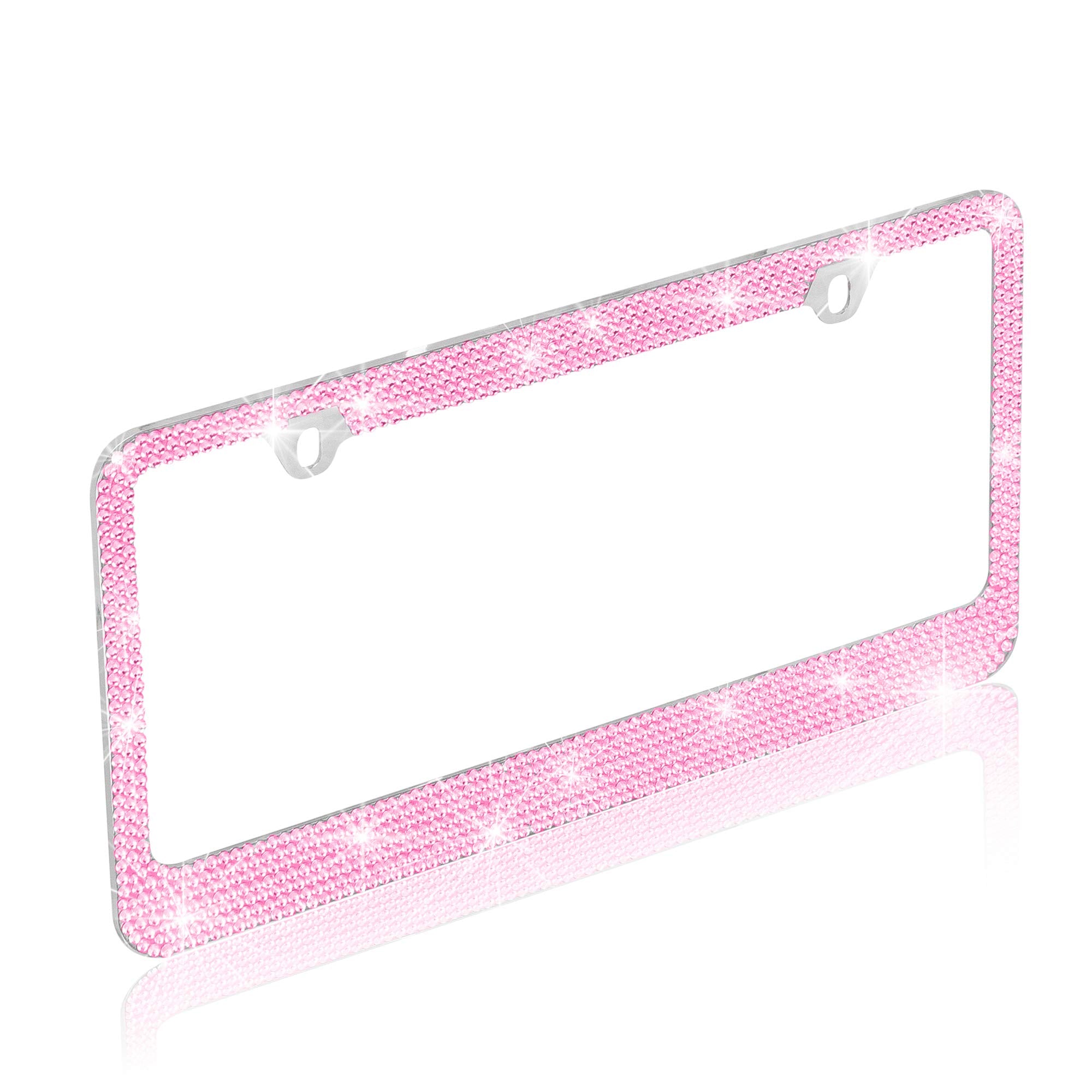 Bdk Stainless Steel Pink Sparkly Sparkling Diamond Crystal Bling Premium License Plate Frame Metal Silver Rhinestone For Women U