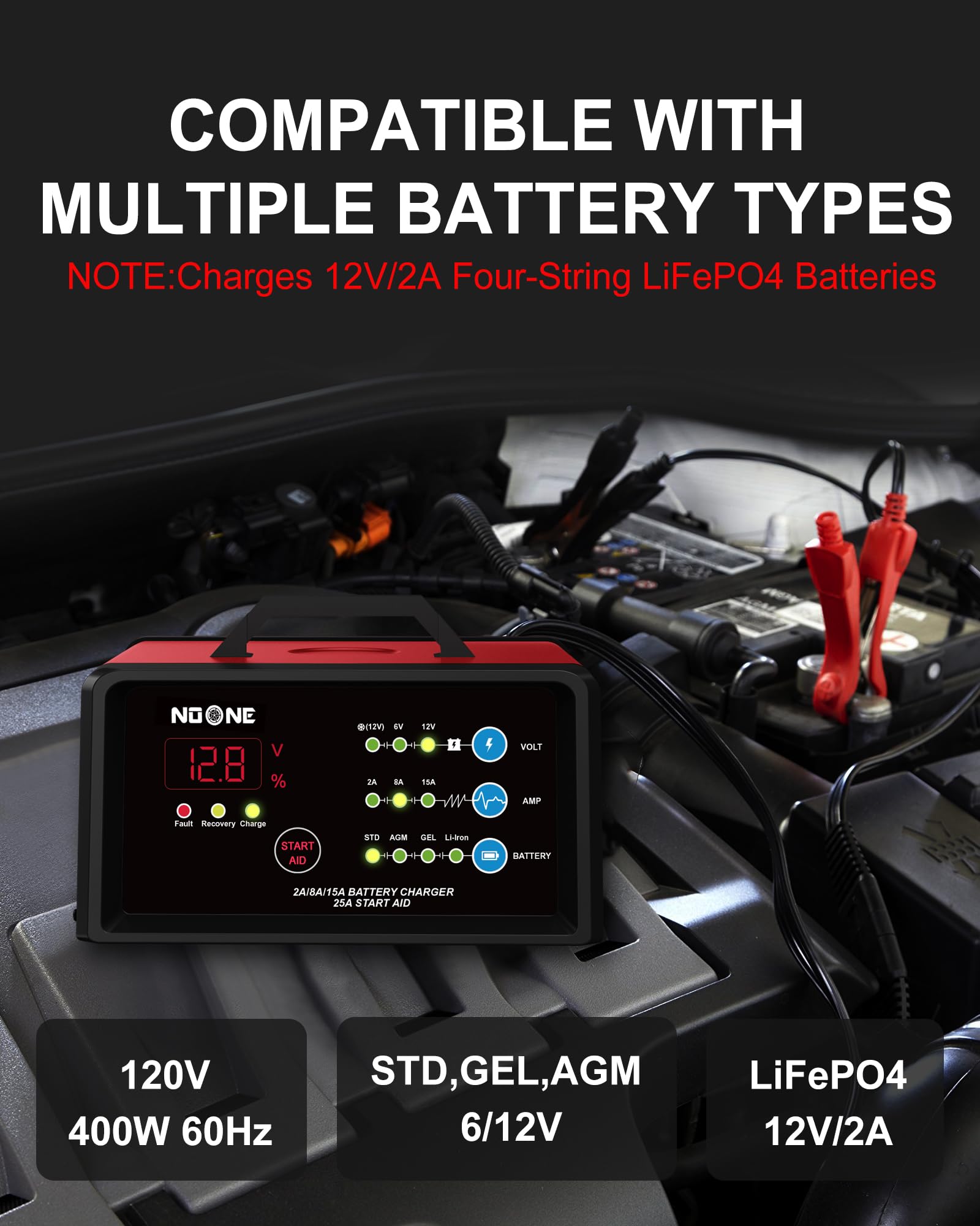 Noone Smart Car Battery Charger: 2/8/15A Battery Chargers 6V/12V Boat Battery Chargers With Engine Start, Metal Shell, Winter Mo