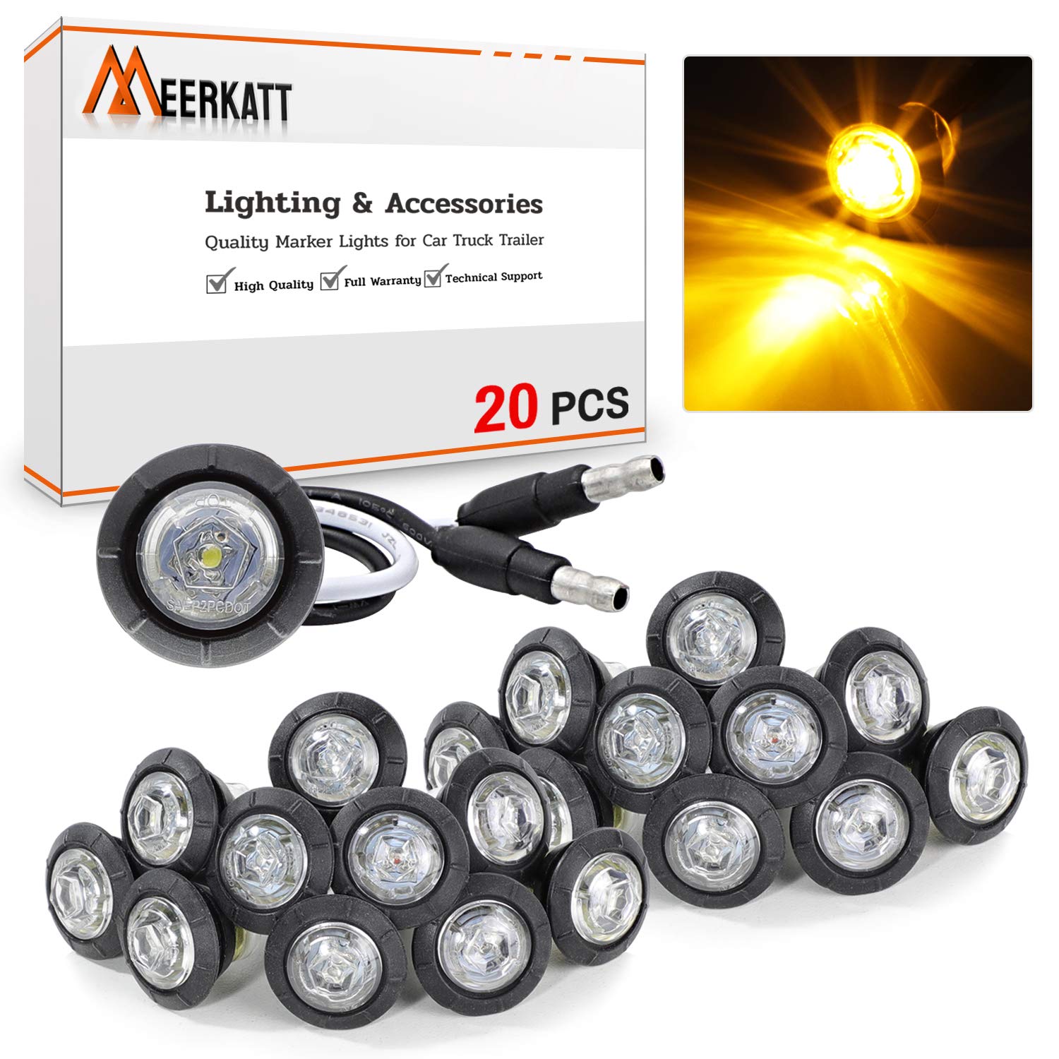 Meerkatt Special Generation 3/4 Inch Round Clear Lens Amber Light Side Marker Clearance For Bus Trailer Truck W/Grommets 12V Dc