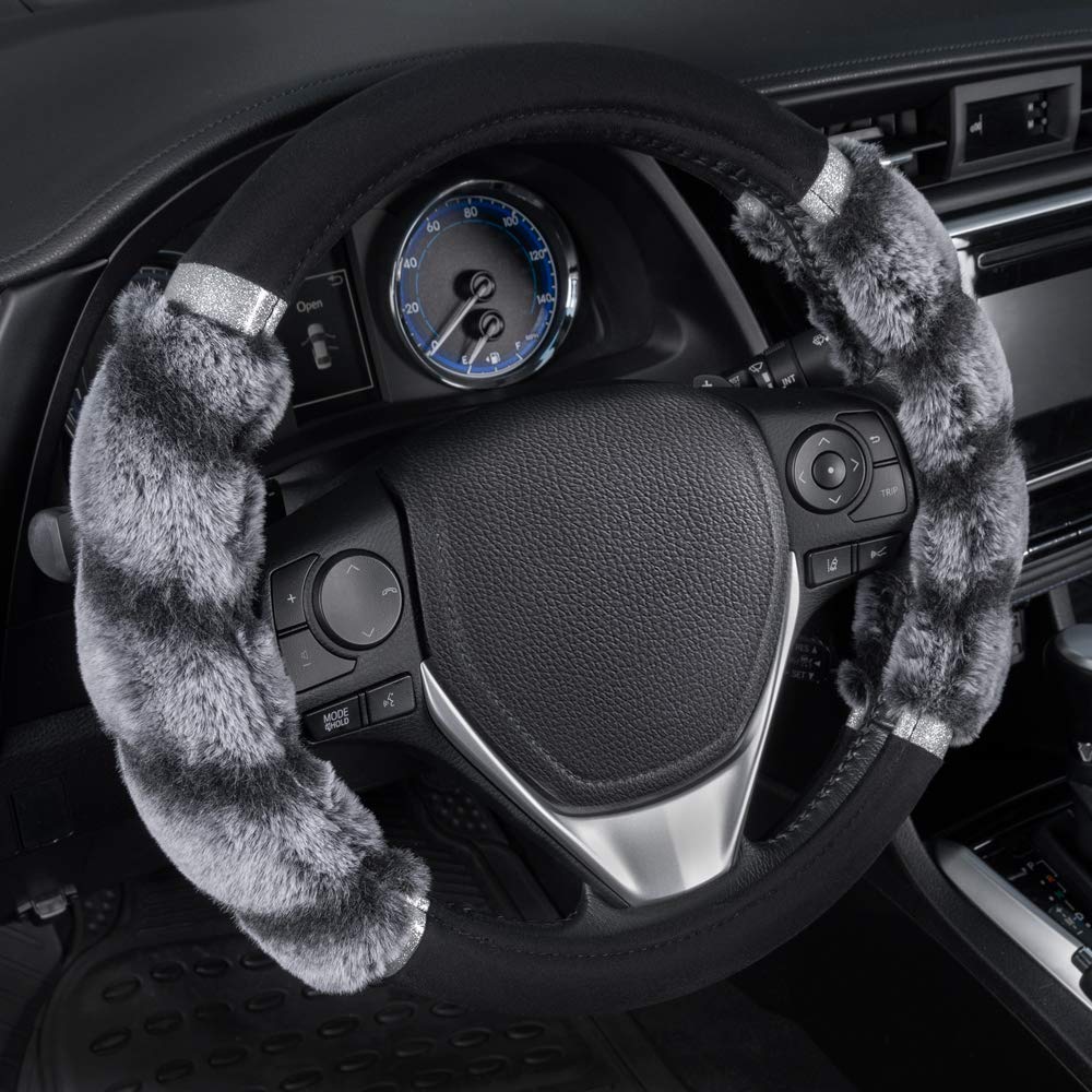 Bdk Bear Fur Plush Steering Wheel Cover - Cute Faux Wool Protector For Women Girls Fits Wheels 14.5-15 Inch Two Tone Black/Gray