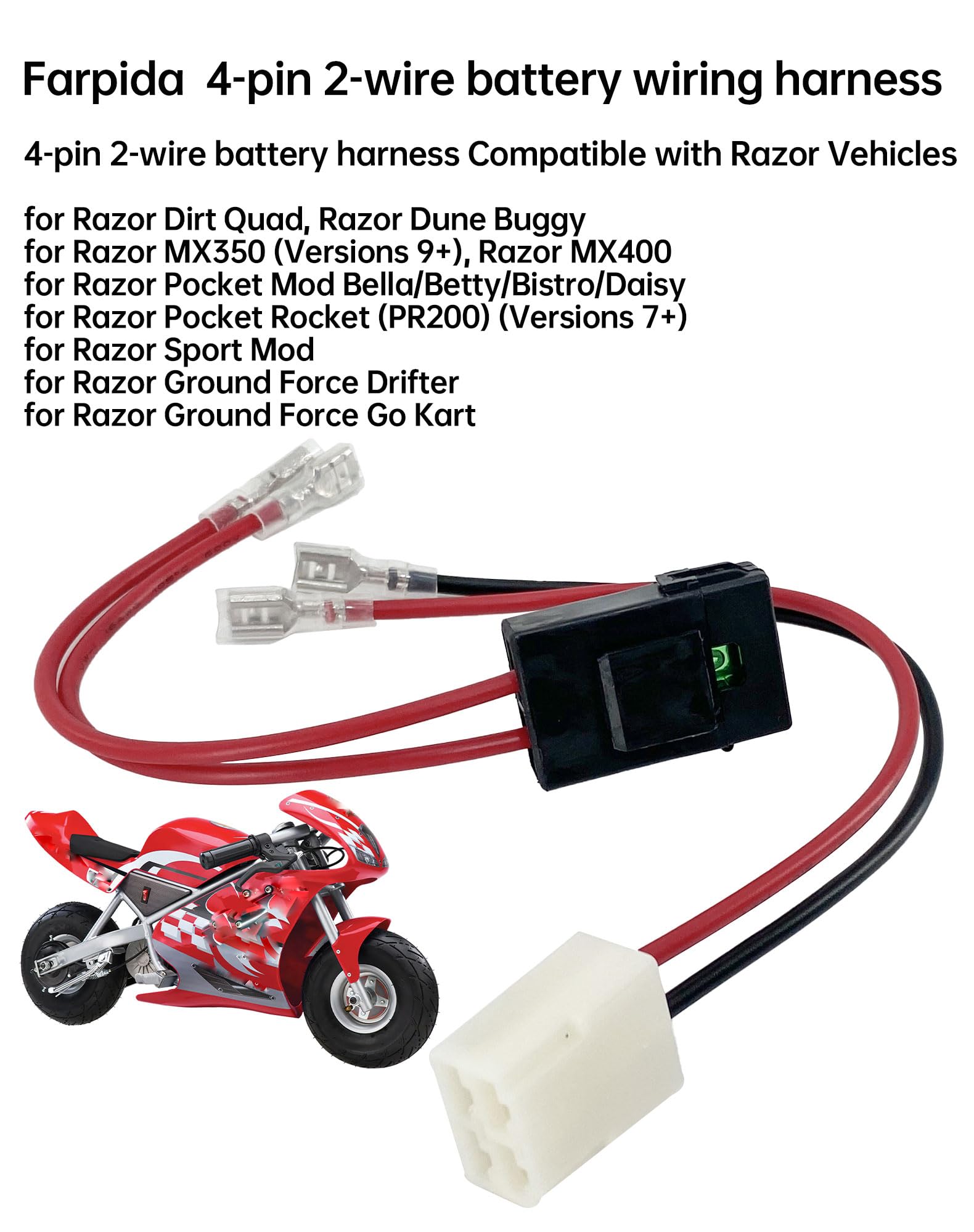 4-Pin 2-Wire Battery Wiring Harness Fit for Razor PR200 MX350 MX400 Battery Wire Harness Pocket Mod Pocket Rocket PR200 1Pack Ha