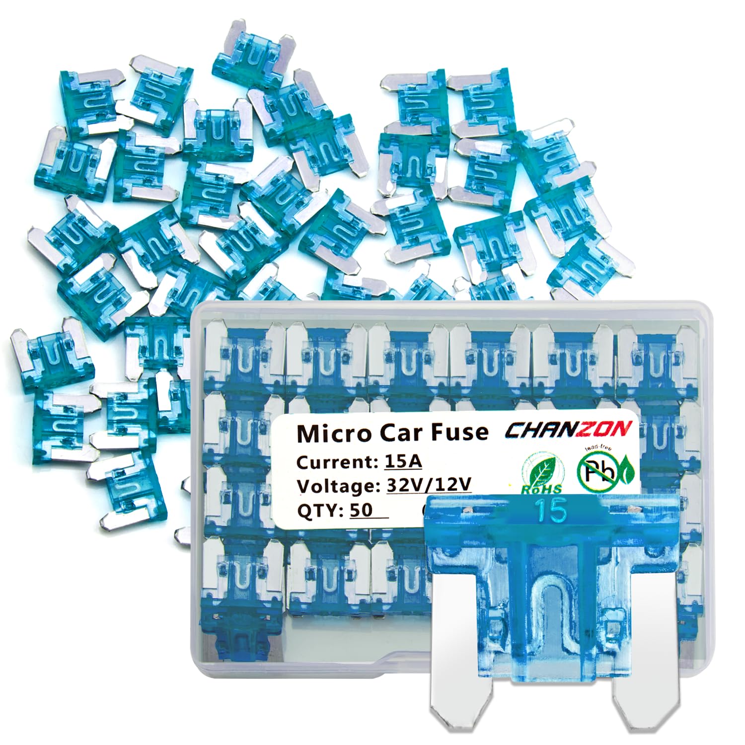 Chanzon 50Pcs 15A Low Profile Mini Micro Blade Fuse 15 Amp 32V Fast Blow Fuses for Automotive Car Truck Vehicle SUV
