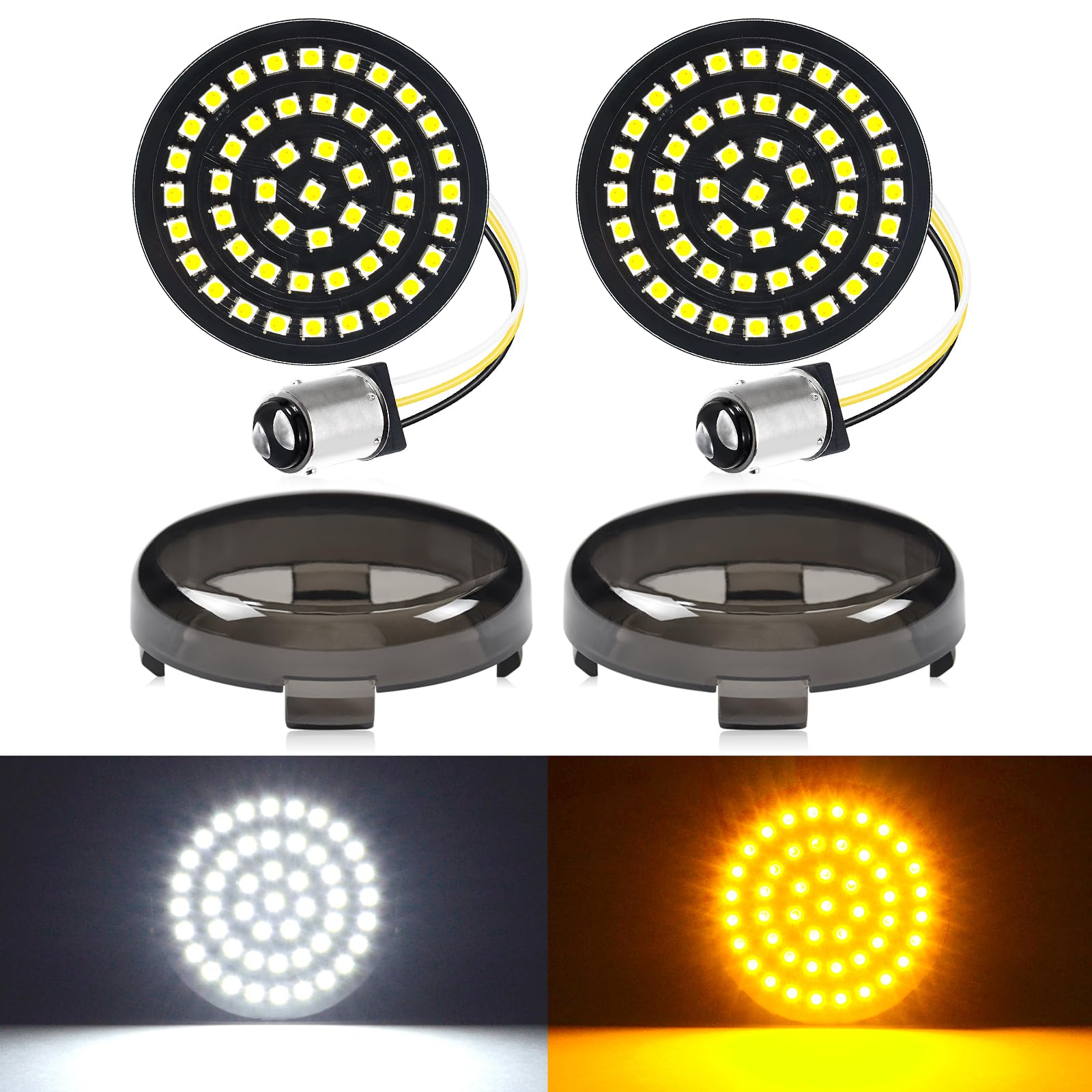 Benlari New 1157 LED Motorcycle Front Turn Signals Bulbs 2 Inch Bullet Lights with Smoked Lens Covers Fit for Harley Davidson To