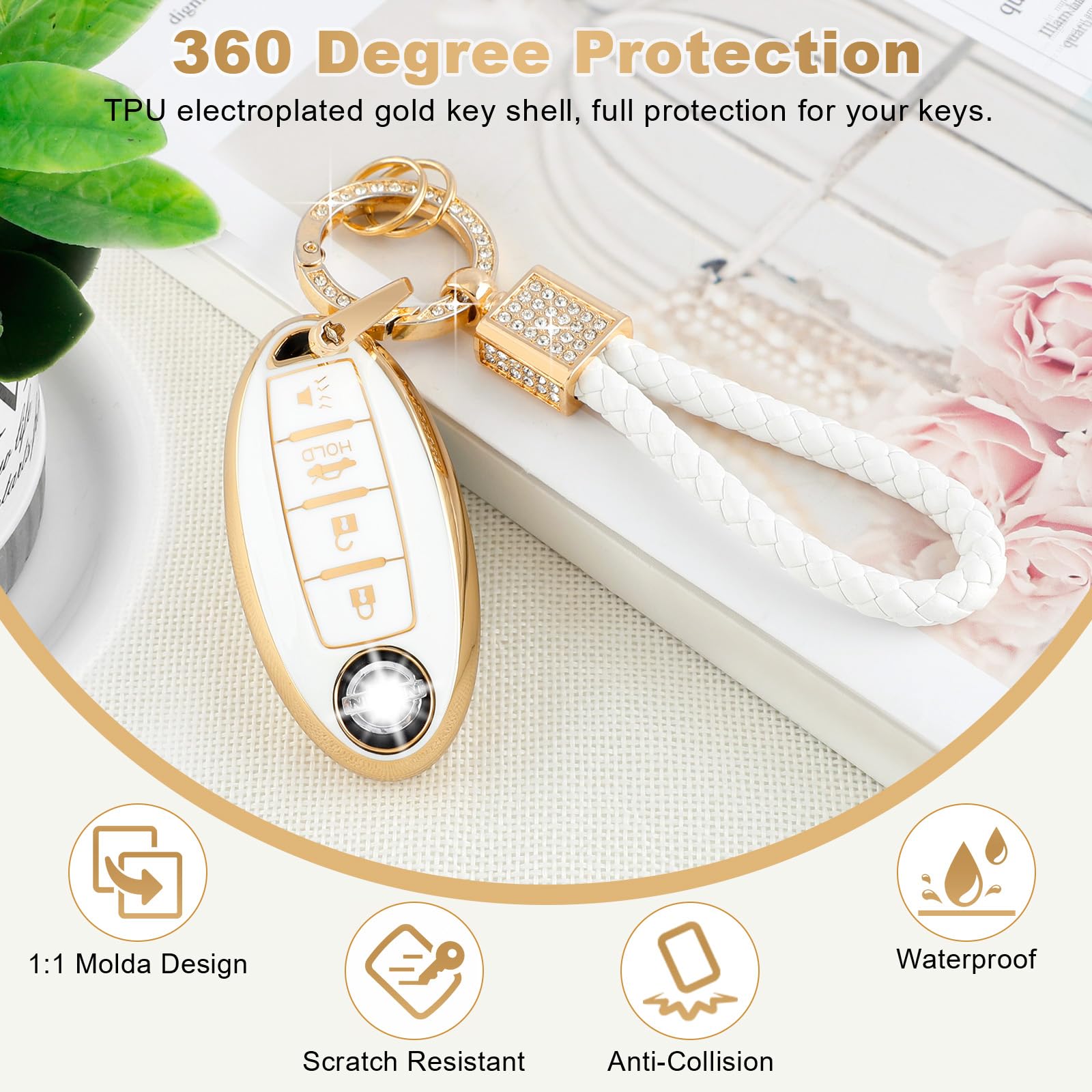 Pifoog For Nissan Key Fob Cover Altima Rogue Sentra Murano Armada Pathfinder Accessories 4 Buttons Soft Tpu White Gold Car Keys