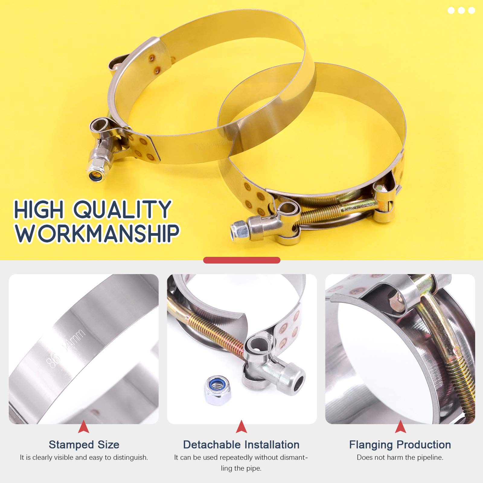 Hilitchi 2Pcs Stainless Steel T-Bolt Clamps With Rounded Band Edges Heavy Duty Turbo Intake Intercooler Clamp (86-94Mm) For 3 1/