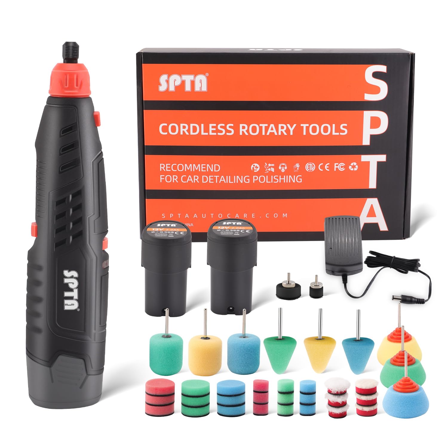 Cordless Rotary Tool, SPTA Cordless Mini Car Polisher, 36Pcs 12V Li-ion Battery IVT 5,000-25,000 RPM Small Buffer Polisher Polis