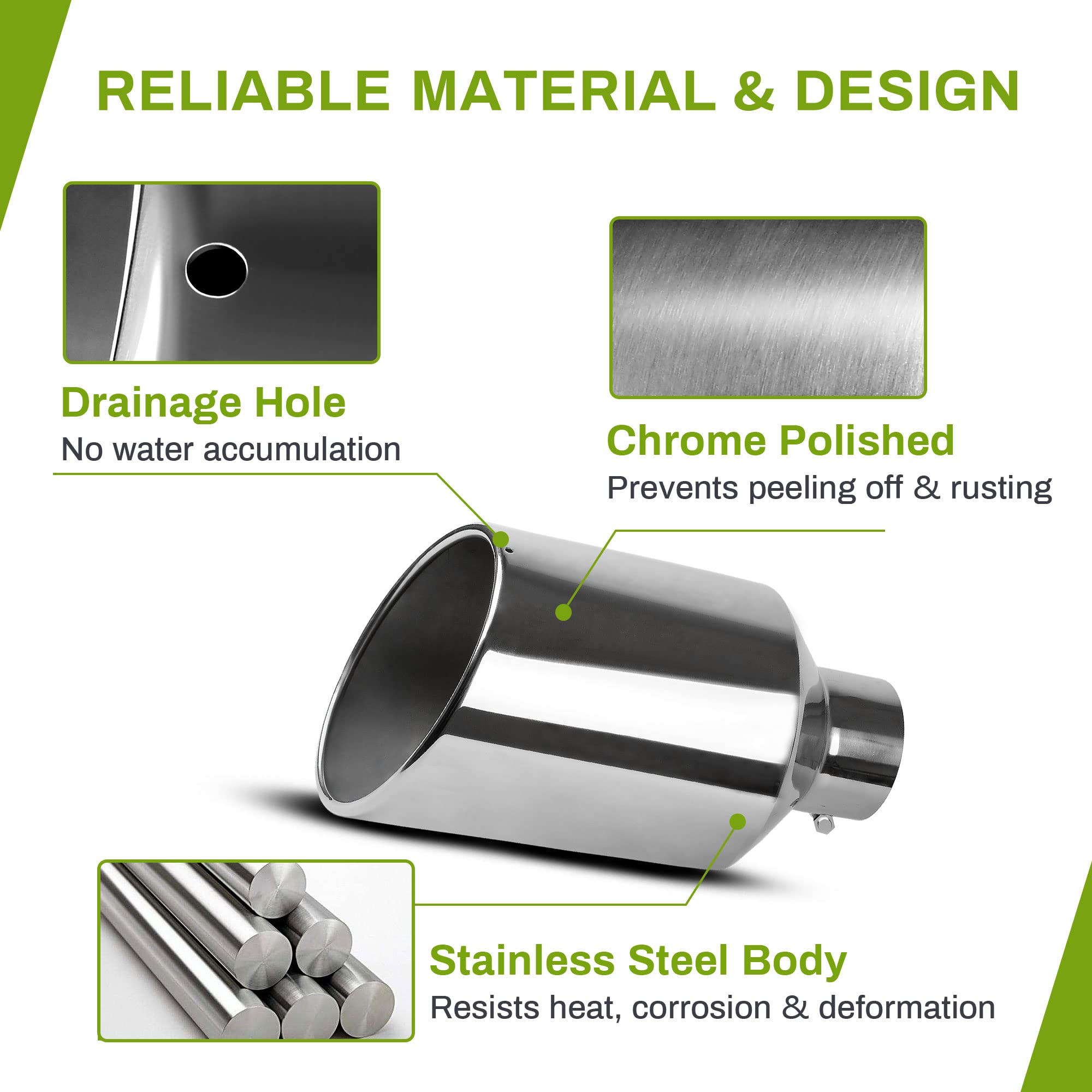 Autosaver88 4 Inch Inlet Exhaust Tip, 4' Inlet 8' Outlet 15' Overall Length Chrome-Plated Finish Stainless Steel Exhaust Tail Tip For 4' Outside Diameter Tailpipe, Rolled Angle Cut, Bolt-On, Polished