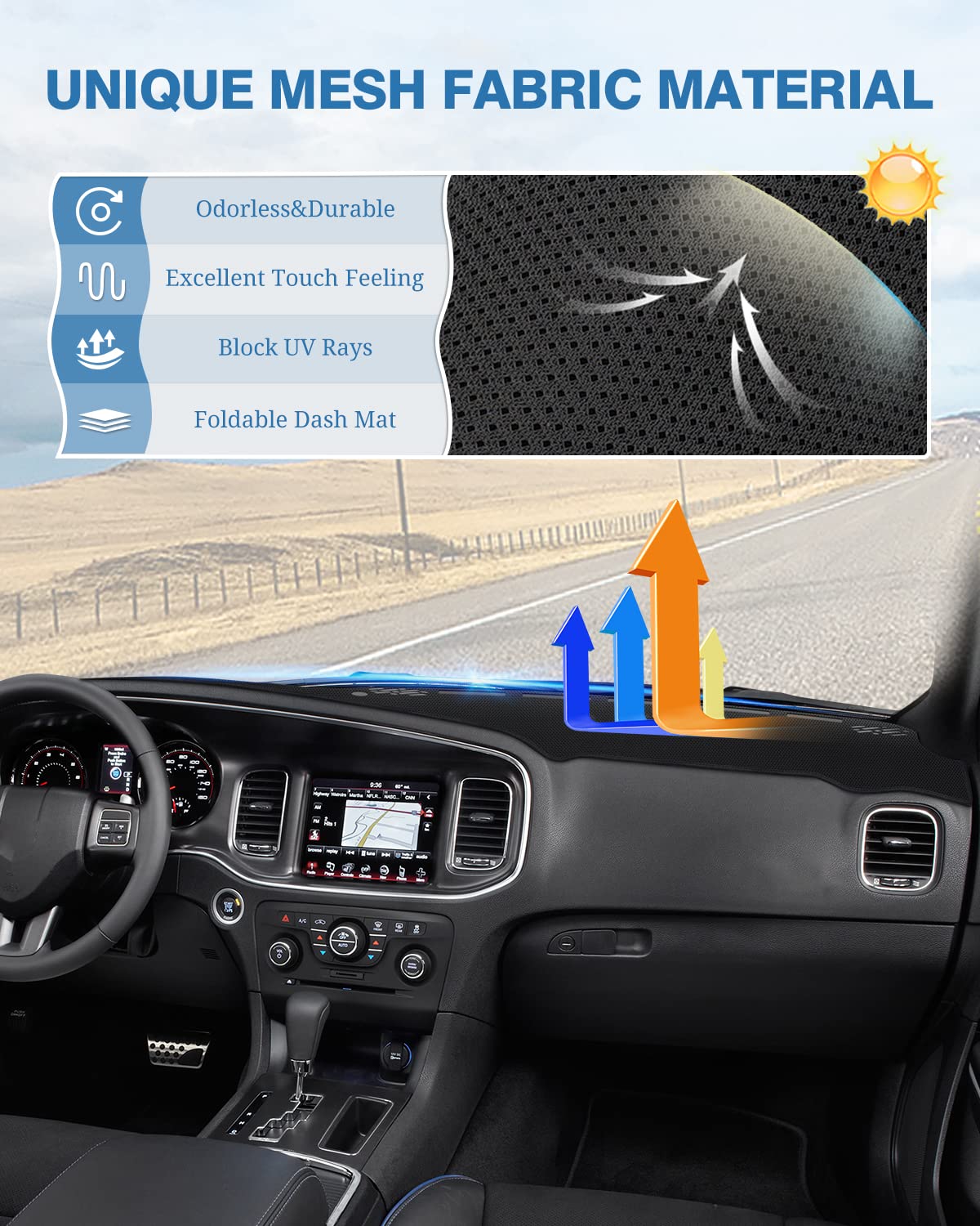 Fiilines Dash Cover For Dodge Charger 2011-2023, Dashboard Cover Mat For Charger Accessories Sunshade Nonslip Mesh Protector No