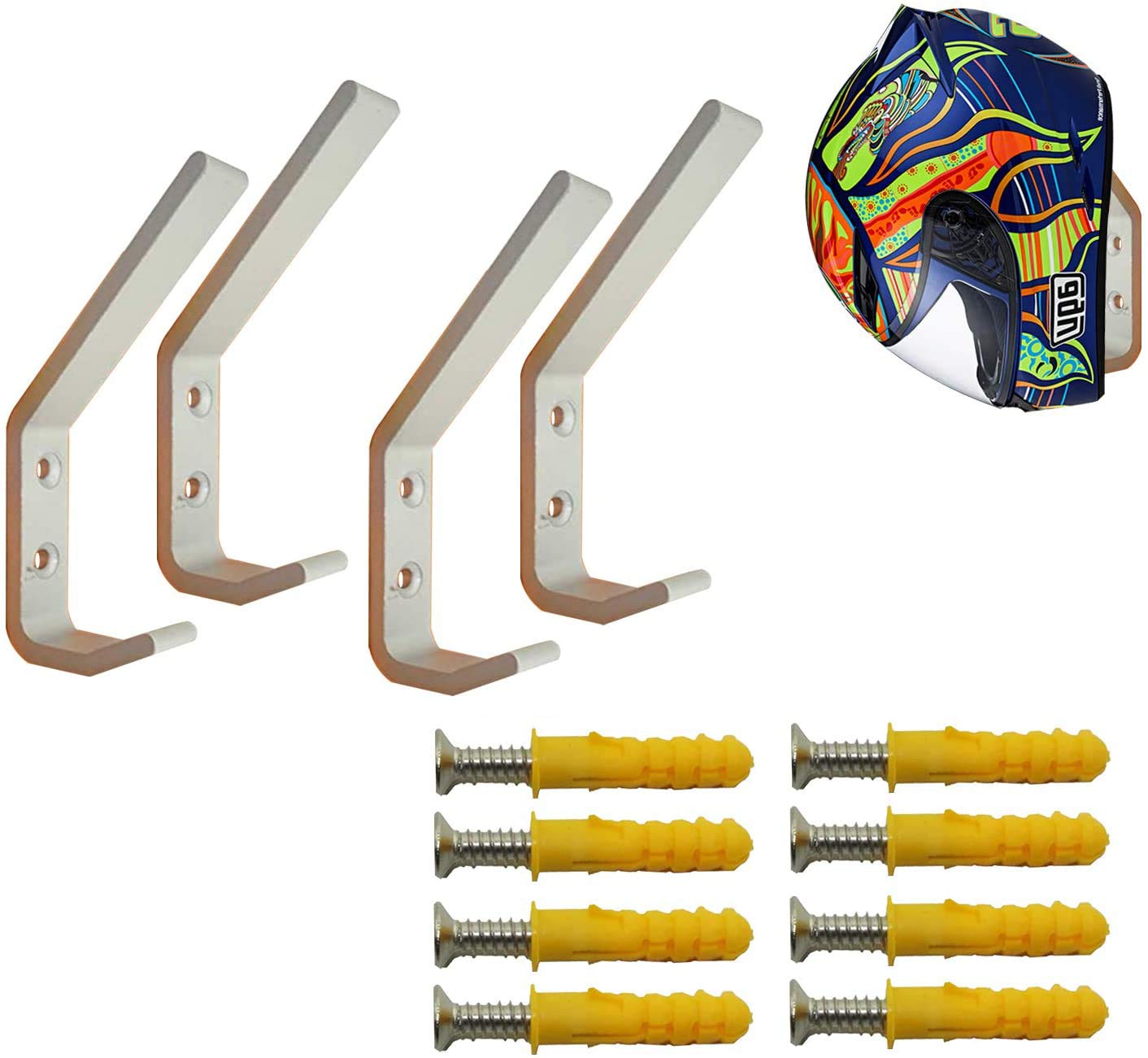 Deloky 4 Pack Motorcycle Helmet Holder Hook -Jacket Bags Wall Mount Cloth Display Rack Hook With Mounting Screws (4Pcs Hook+ 8Pcs Screws)