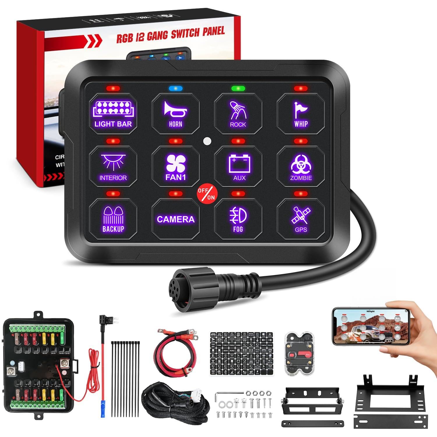 Nilight 12 Gang Switch Panel 12V 24V Universal Circuit Control Relay System with RGB Backlight APP Fuse Wiring Harness Automatic