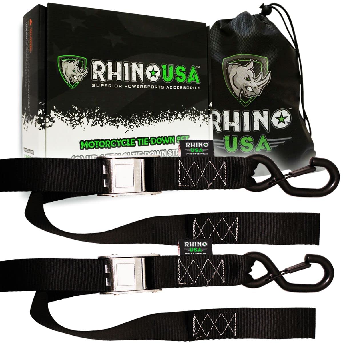 Rhino Usa Motorcycle Tie Down Straps (2 Pack) Lab Inspected 3,328Lb Break Strength, Steel Cambuckle Tiedown Set With Integrated Soft Loops - Better Than A Ratchet Strap (Black 2-Pack)