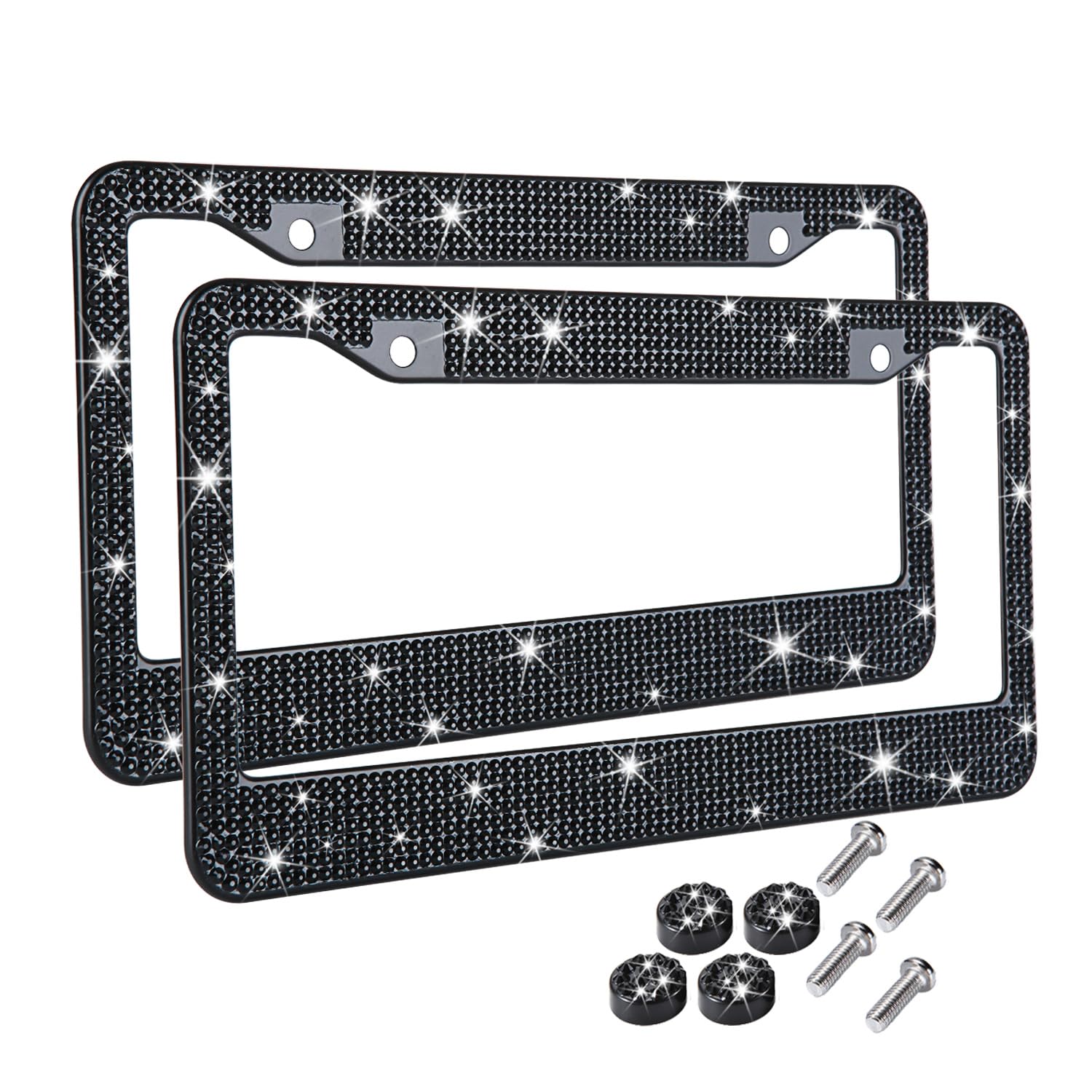Tzarrot Black Bling License Plate Frame For Women Men, 2 Pack Black Rhinestone Diamond License Plate Frame, Glass Crystal Black