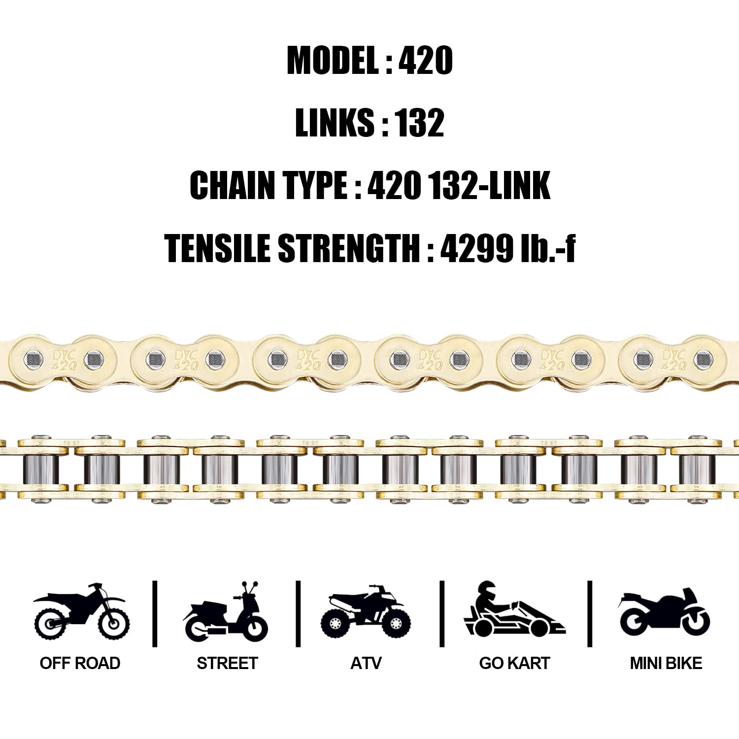 Dyc 420 Motorcycle Chain 132 Links (Gold Plating) For 50 70 90 110 125 196 212Cc Coleman Ssr Taotao Coolster Apollo Baja Kazuma