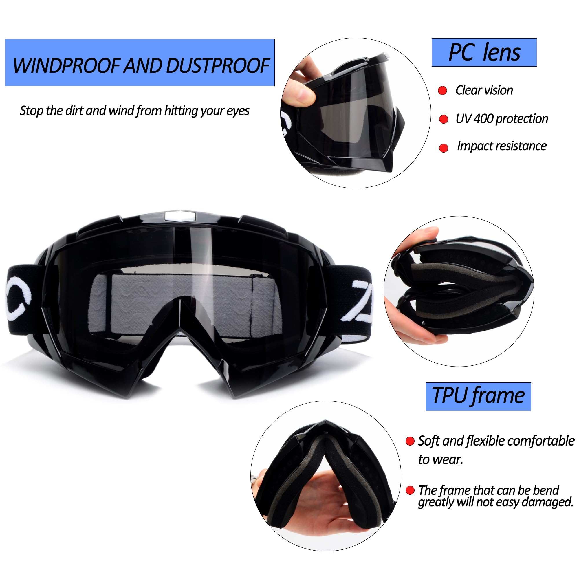 ATV Goggles with Balaclava face Mask for Men Women and Youth, Dirt Bike Motorcycle Motocross Riding Ski Goggles (Black Gray+Blac