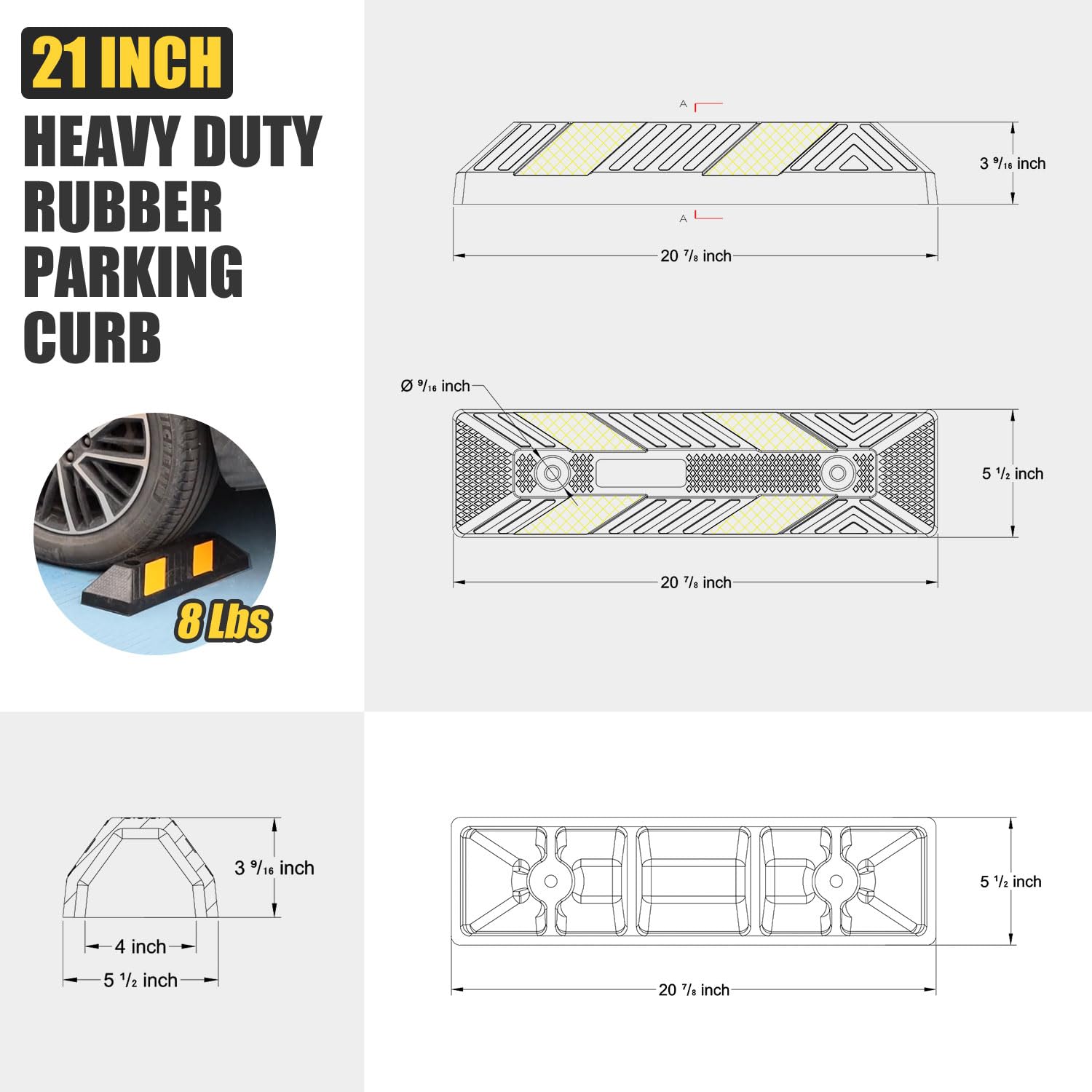 OranLite Heavy-Duty Rubber Parking Curbs, Parking Garage Floor Stoppers with Reflective Stickers, Mounting Screws Included, Whee