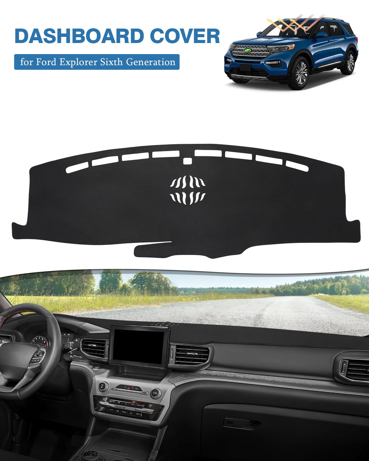 Fiilines Dash Cover For 2020-2025 Ford Explorer, Dashboard Mat Cover Sunshade Nonslip Mesh Protector No Glare Black